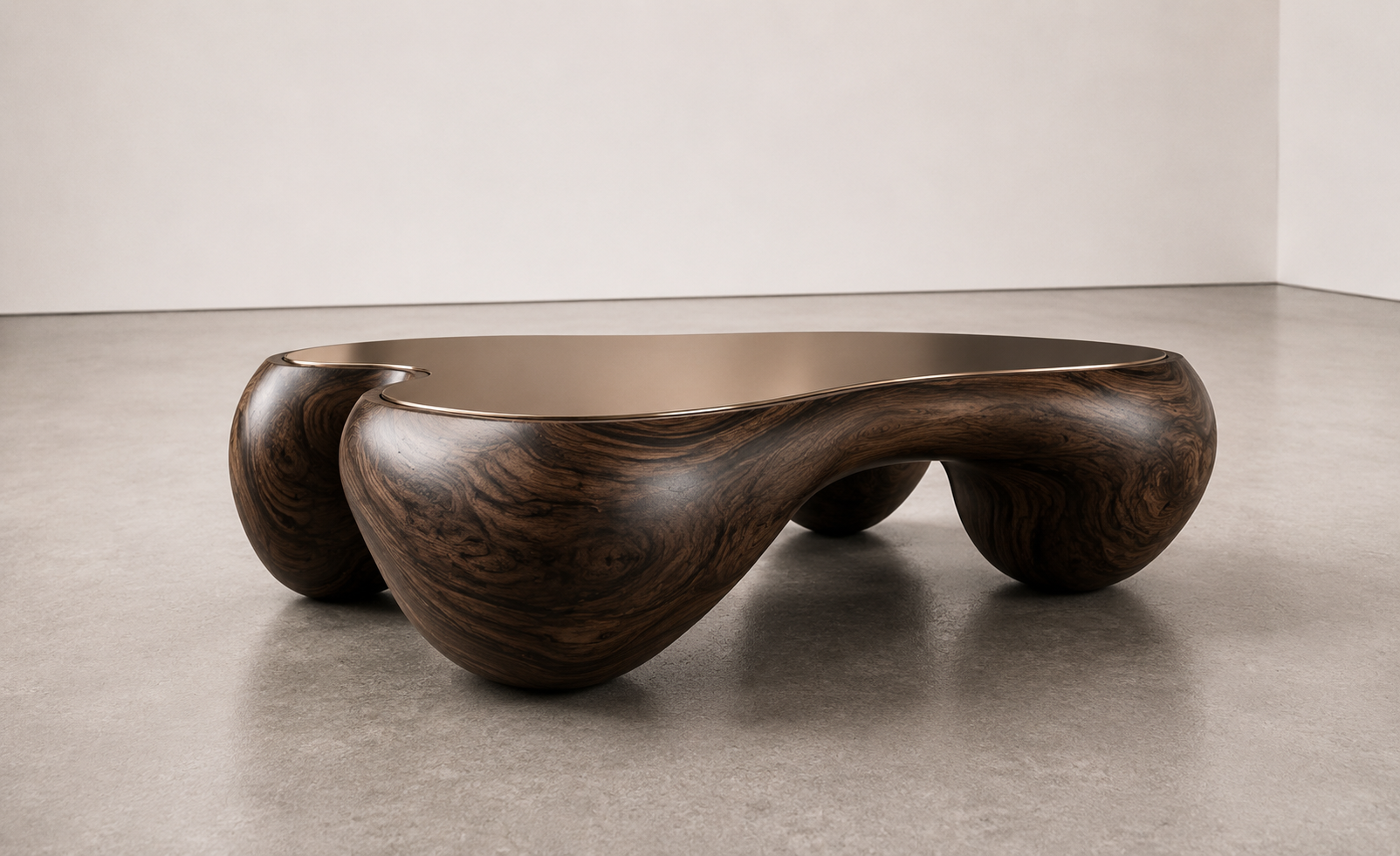 A modern coffee table with a smooth, rounded wooden base and a flat, metallic top, placed on a light-colored floor against a plain wall.