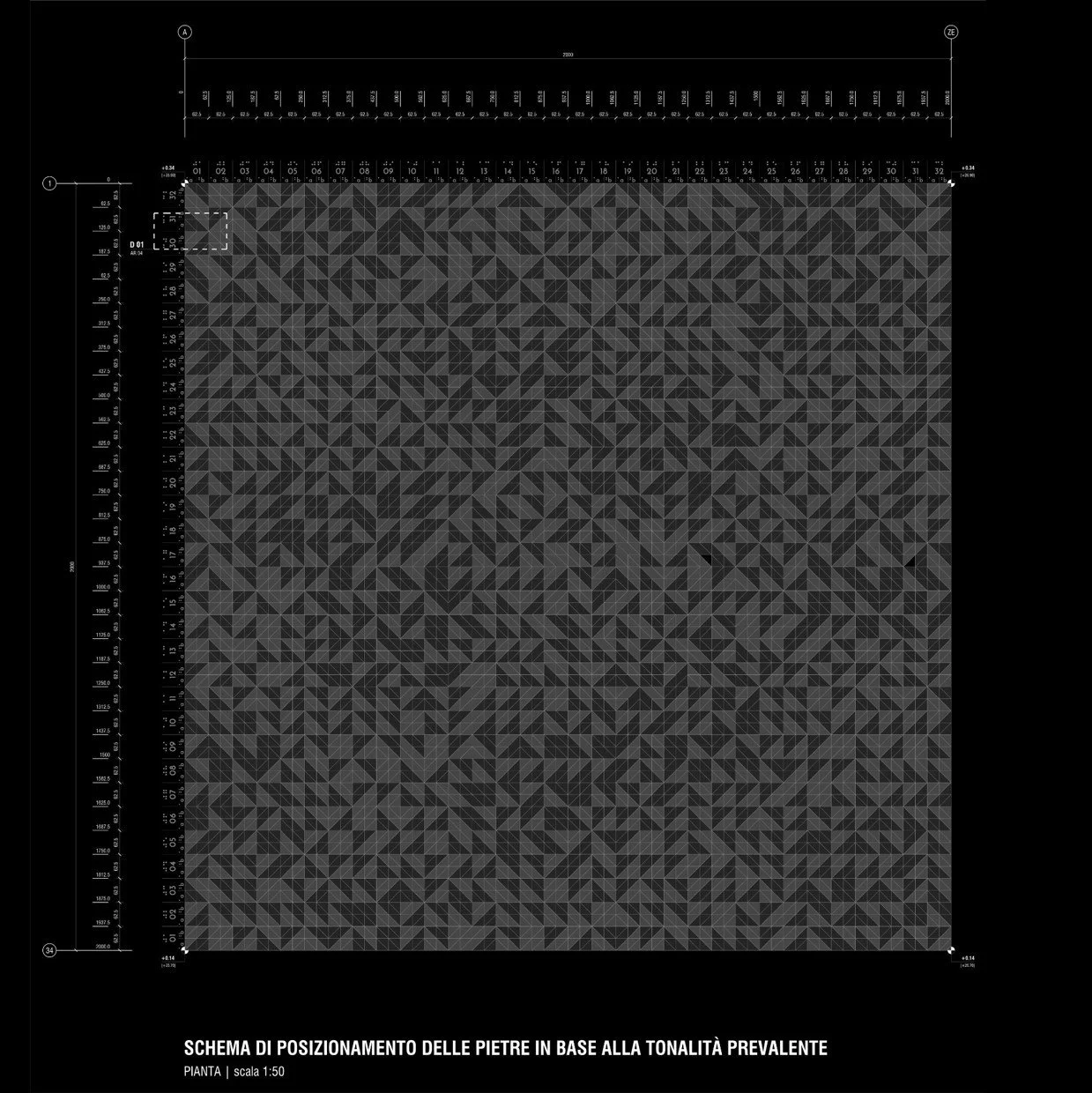 A detailed scientific coating or geological chart with a black background, featuring a complex grid pattern made up of small triangles in varying shades of gray. The chart includes measurements along the top, left, and bottom edges, and Italian text at the bottom indicating it is a map of stone positioning based on prevalent tones, scaled at 1:50.