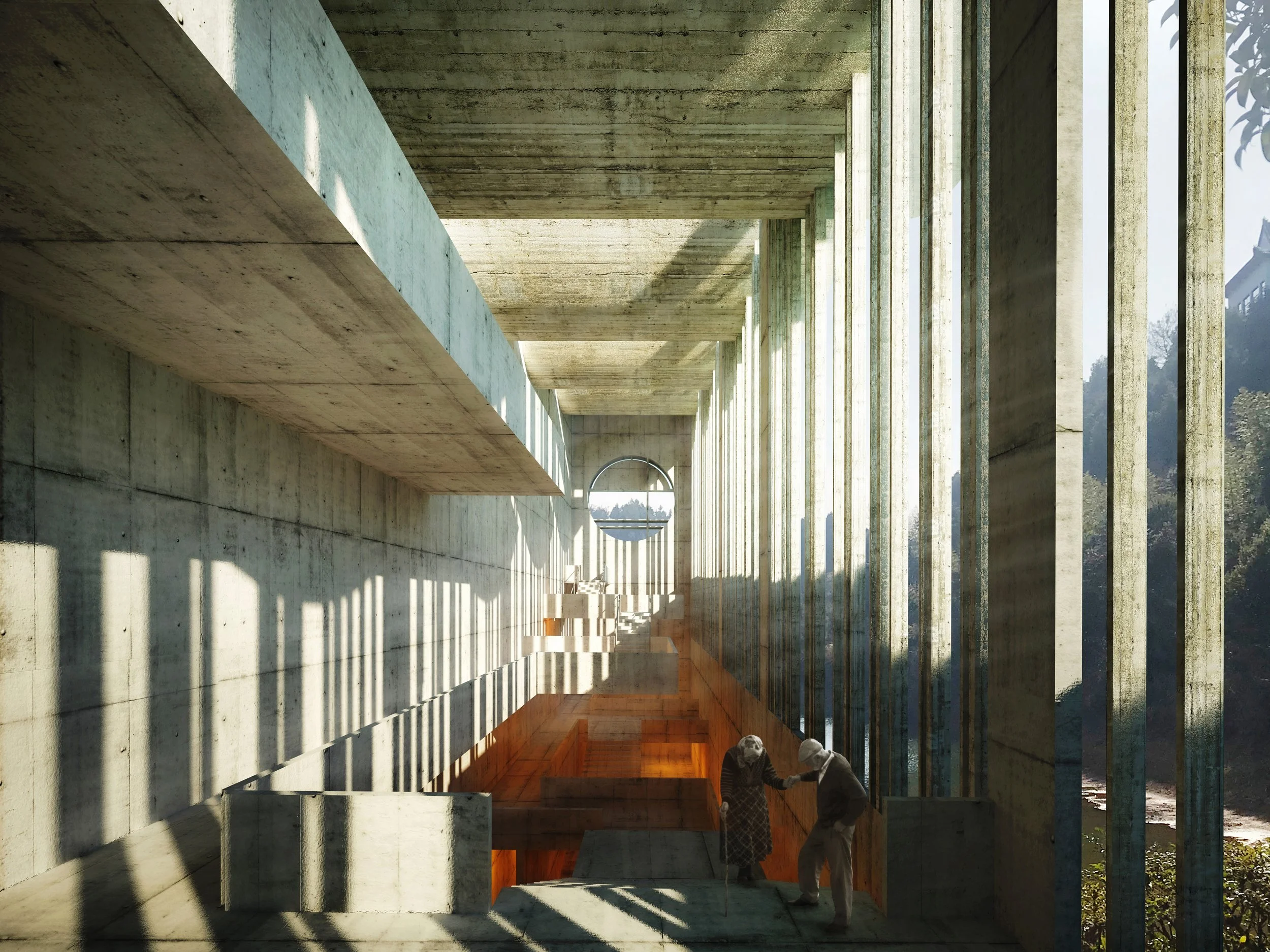 Two construction workers wearing hard hats working inside a modern building with concrete walls and large vertical glass panels, with sunlight casting shadows.