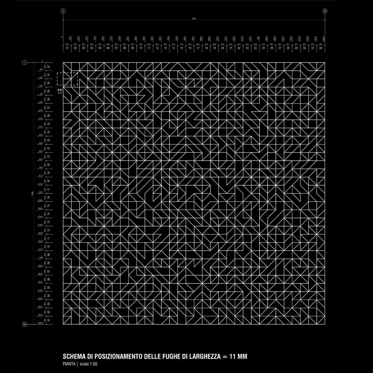 Technical drawing of a geometric pattern of white lines on a black background, with labels and measurements in Italian, showing a grid and detailed measurements for design: "Schema di posizionamento delle fughe di larghezza 11 mm".
