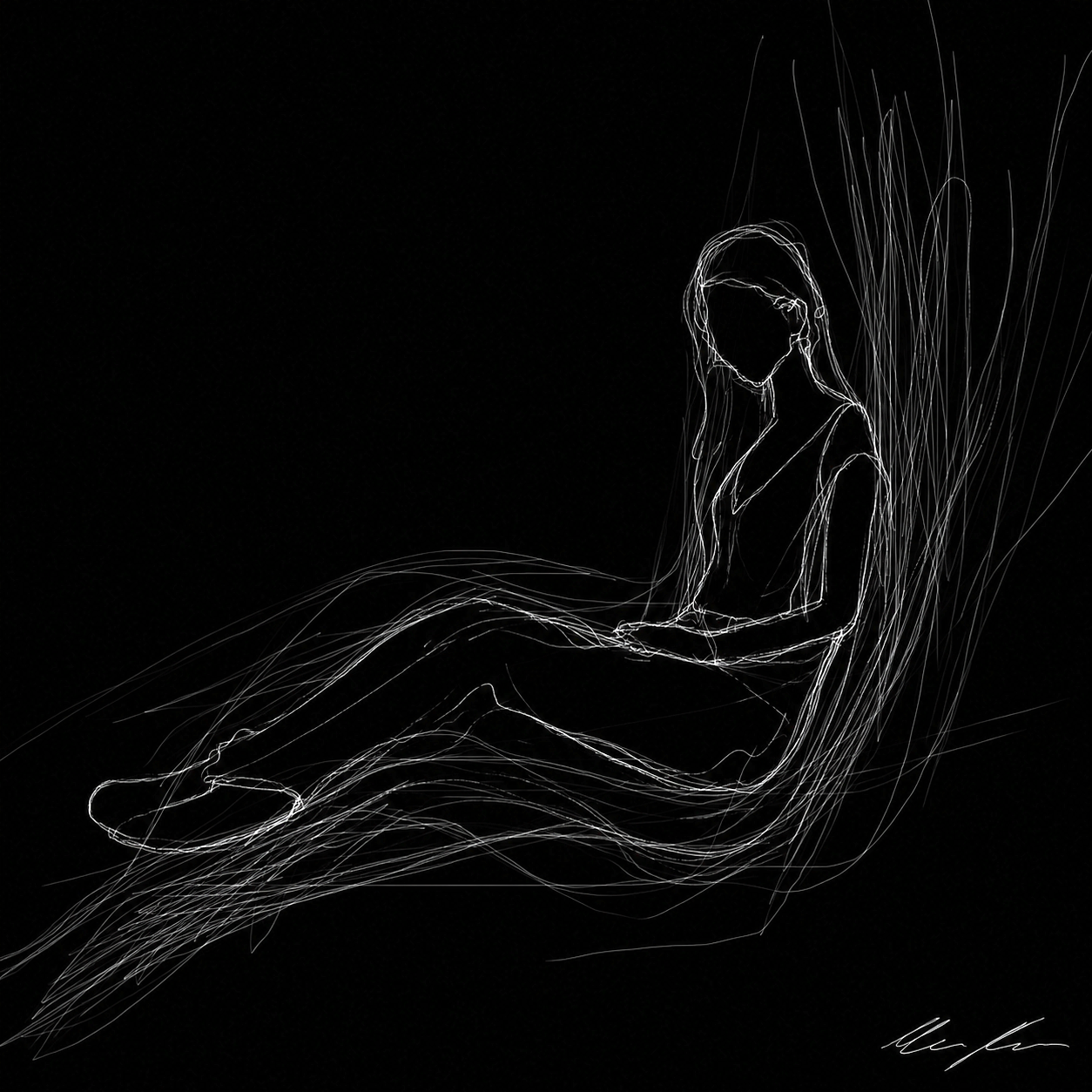 Light sketch of a woman sitting on a lounge chair with a relaxed posture, created with white lines on a black background.