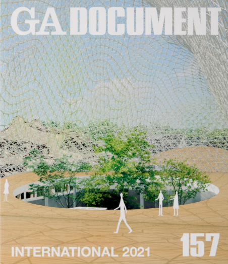 Cover page of a Georgia document titled 'G.A DOCUMENT' with the subtitle 'INTERNATIONAL 2021' and number '157'. It features a modern architectural design with a large open space, trees, and a colorful, abstract wireframe sky in the background.