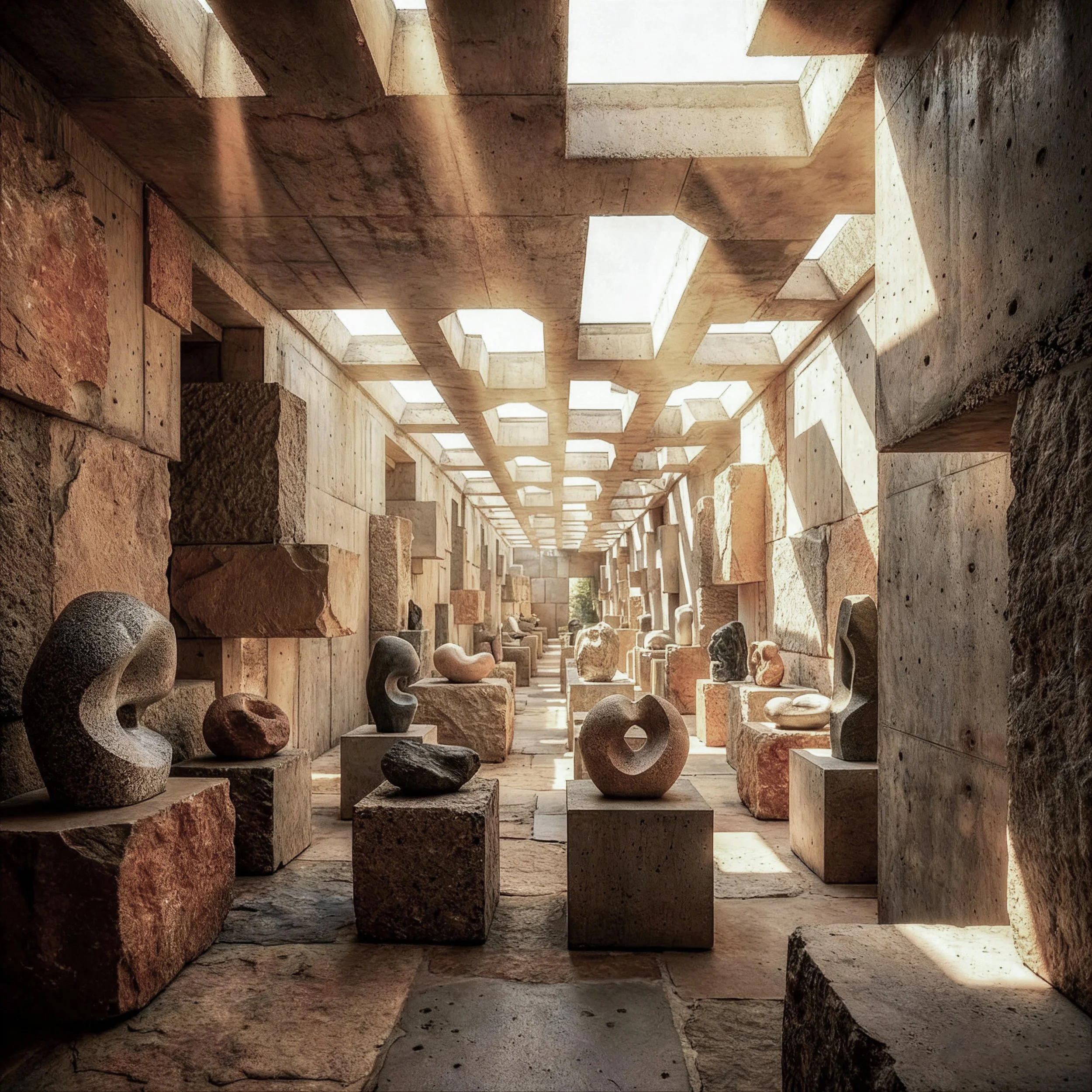 Interior view of stone and concrete structure with rectangular openings allowing light to pass through.