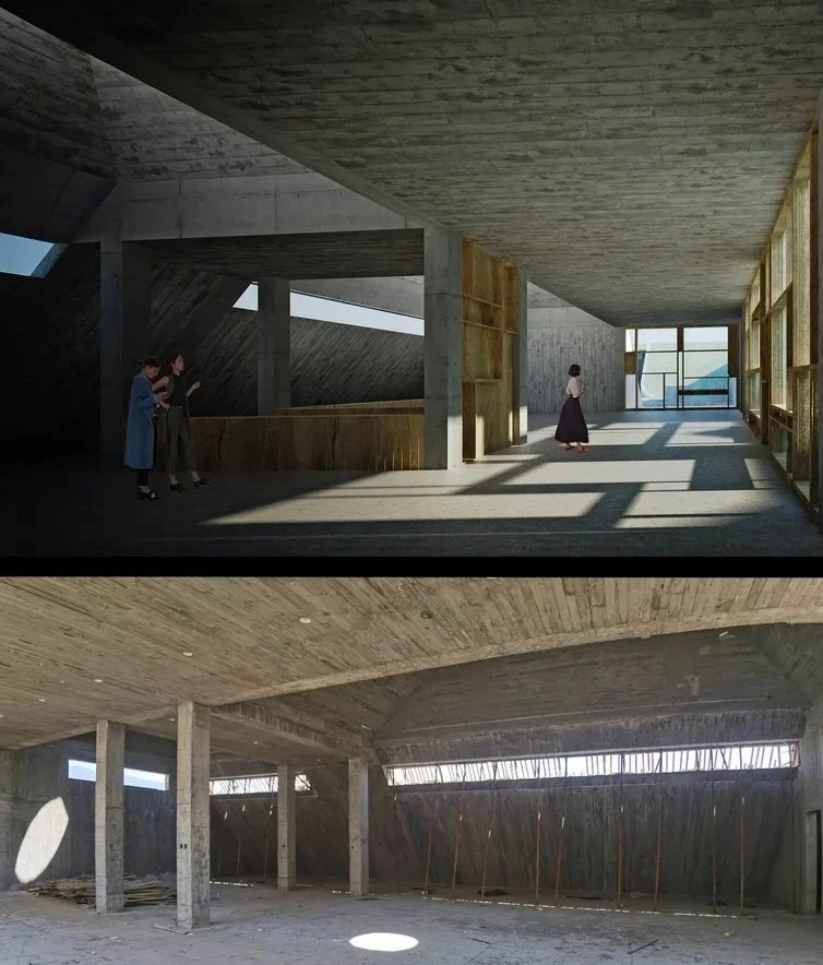 Interior view of a modern architectural building with concrete structure, large windows, and sunlight casting shadows inside. The second image shows an unfinished interior with concrete columns and a dirt floor, indicating ongoing construction.