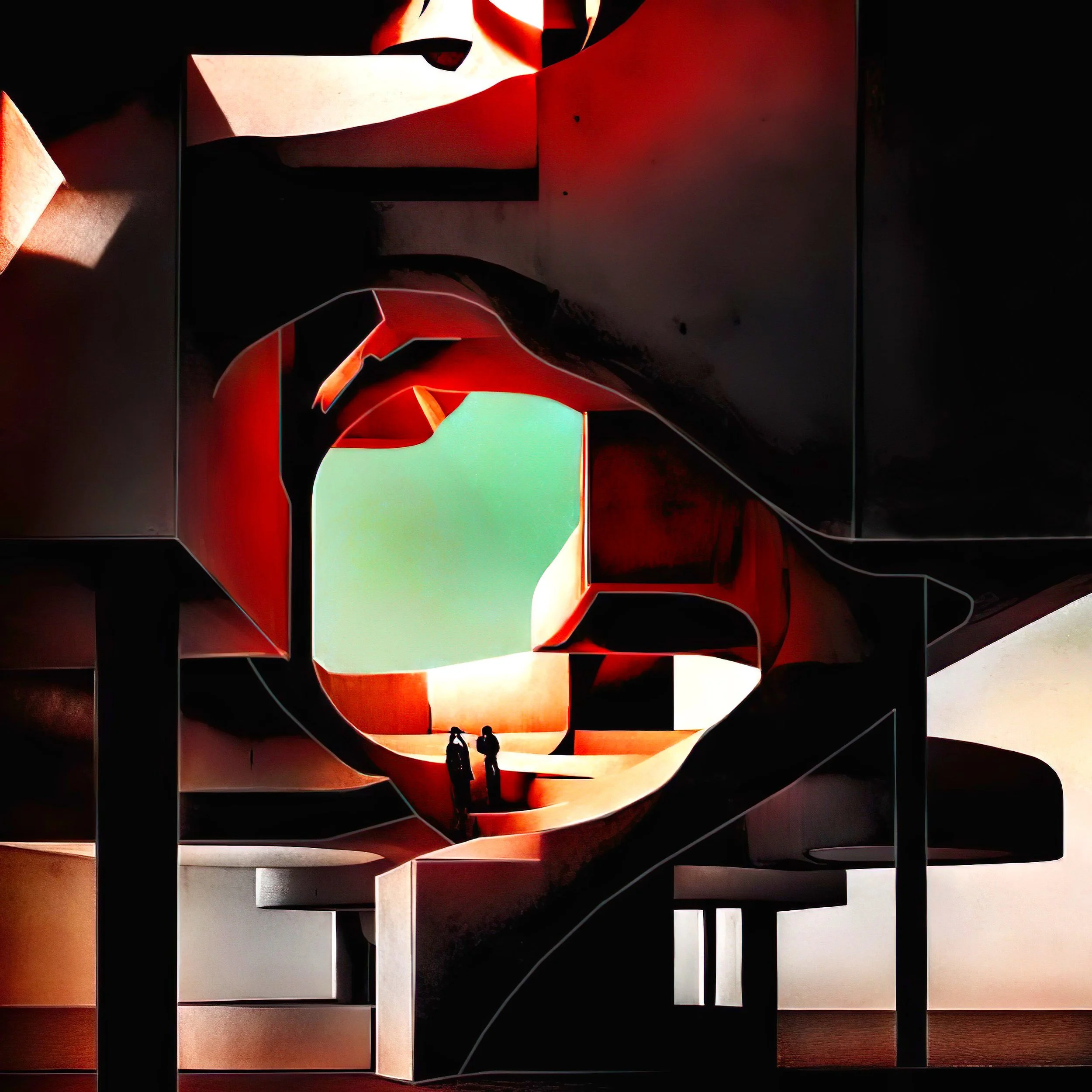 A collage of geometric shapes and human figures at sunset, with warm tones of red and orange.