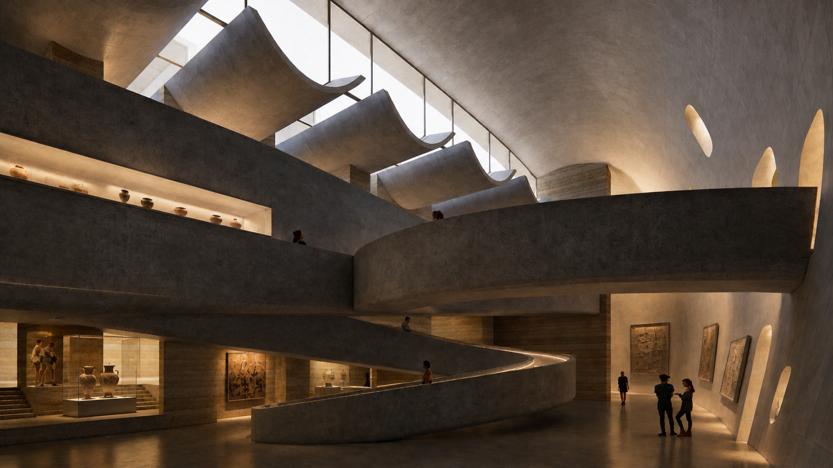 Interior view of a modern museum with curved, multi-level concrete walkways, large sculptures in display cases, and framed artworks on the walls, illuminated by natural light from high windows.