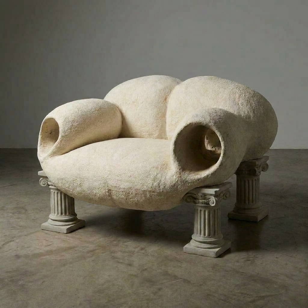 A sofa designed with the shape and texture of a seashell, supported by four classical column-style legs.