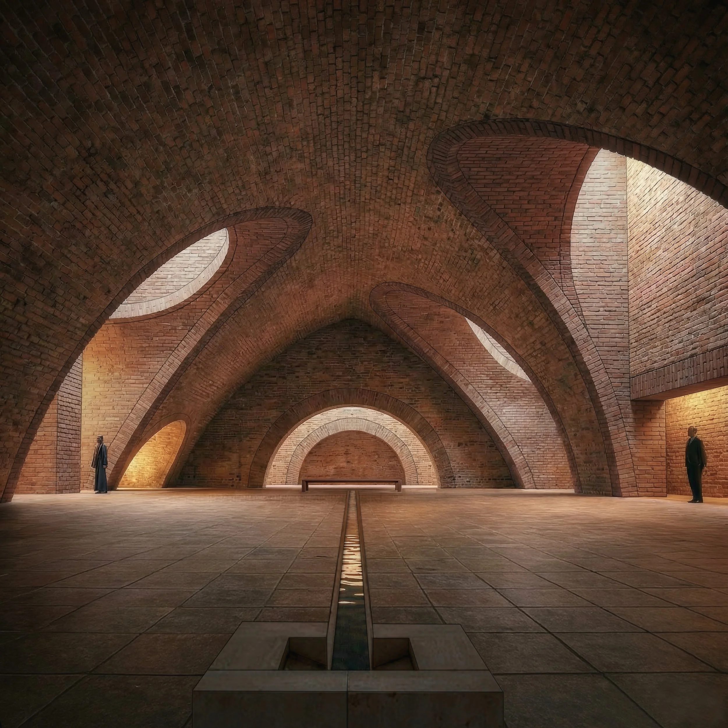 Interior view of a red brick tunnel with curved arches and open skylights, showcasing a historical architectural style.