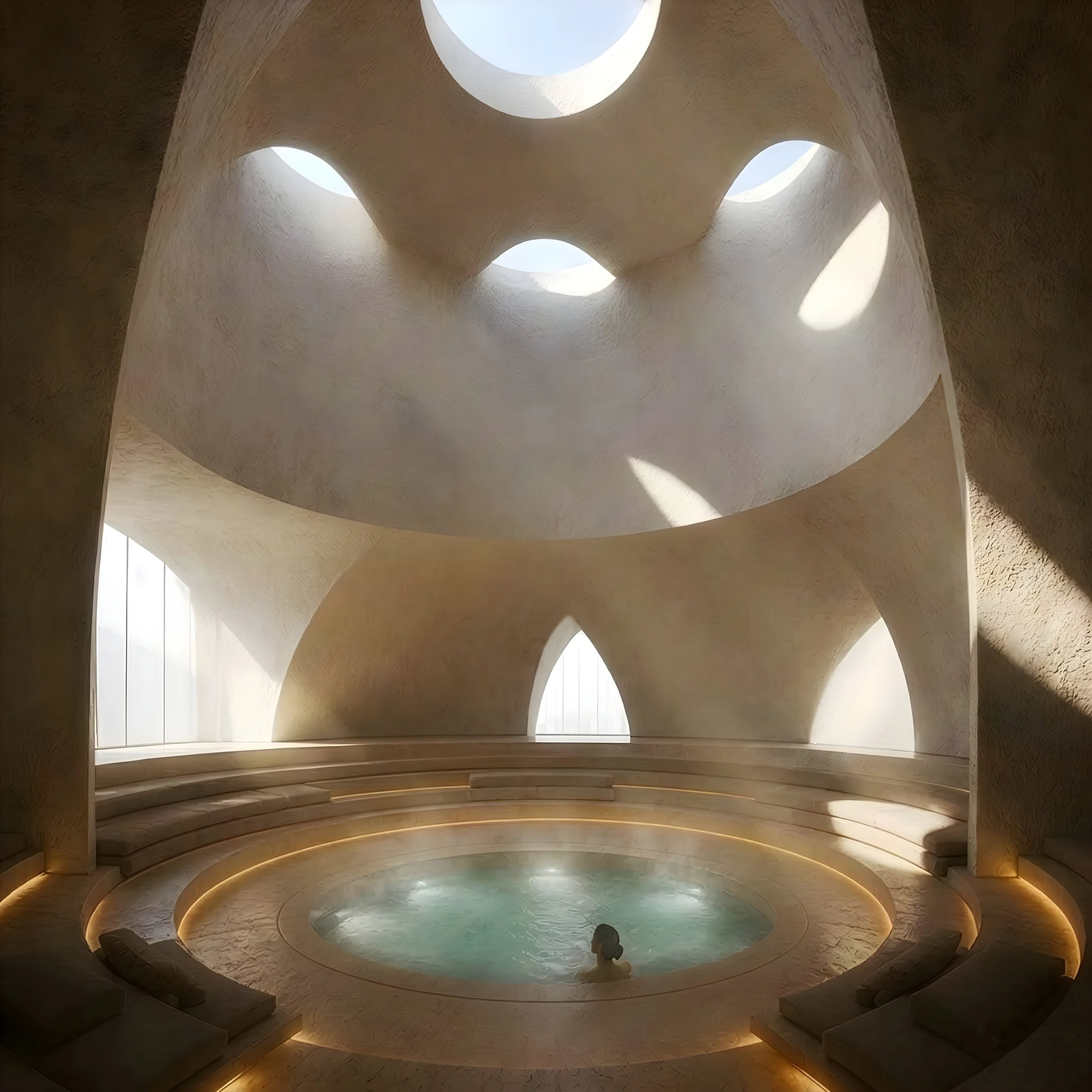 Indoor swimming pool with a circular shape, surrounded by curved walls made of light-colored textured material. The pool has a small fountain at the center and sunlight filtering through large windows around the top, creating a serene atmosphere.