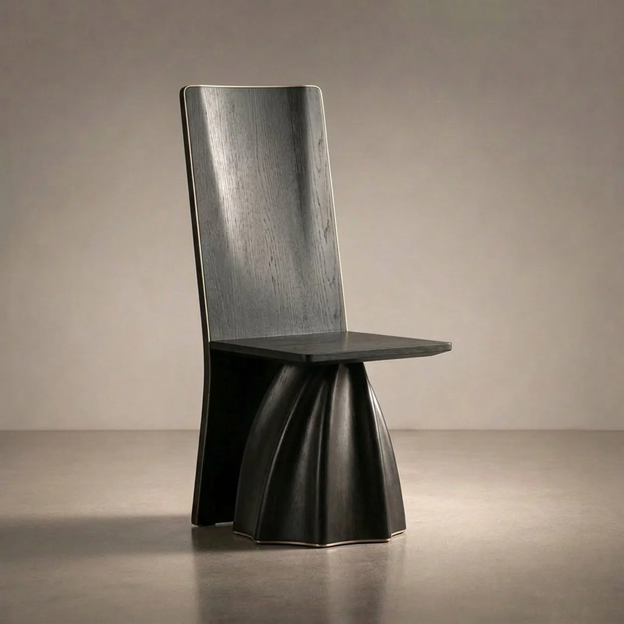 A modern black chair with a high backrest, smooth surface, and unique curved leg design, placed against a neutral background.
