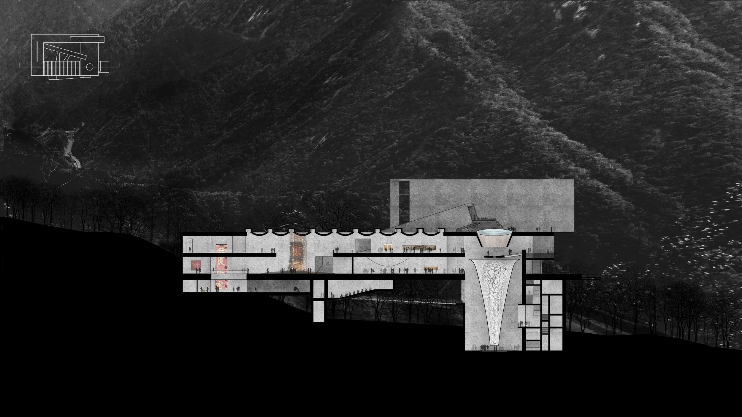Cross-sectional architectural illustration of a multi-level building built into a hillside, featuring various interior spaces, a waterfall feature, and an external perspective with surrounding mountains and trees.