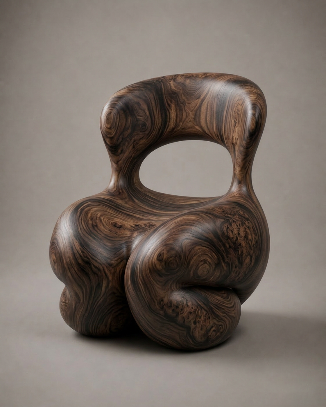 A modern wooden chair with a unique, sculptural design and a smooth, polished surface showing natural wood grain patterns.