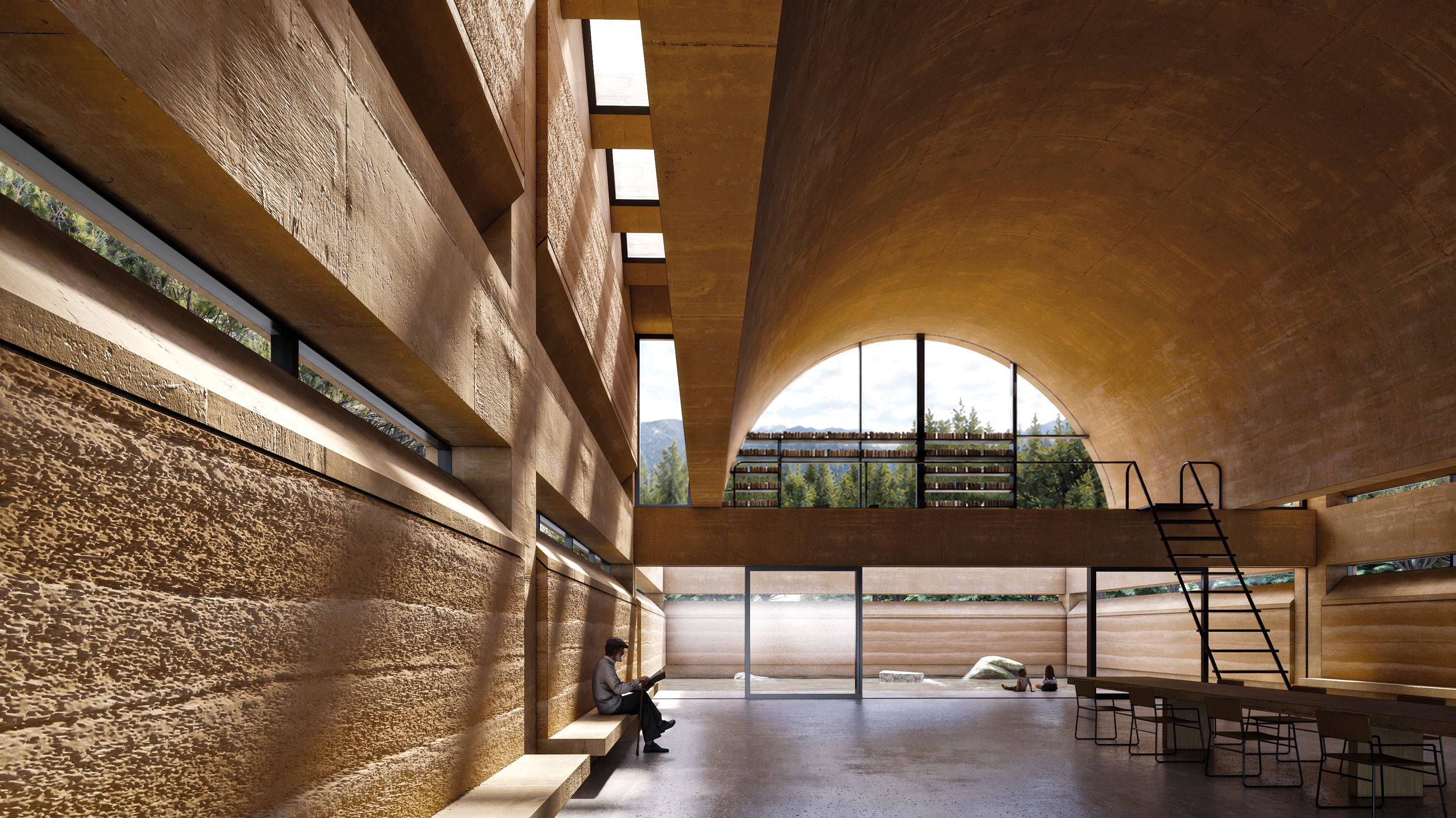 Interior of a modern building with large glass windows, curved ceiling, wooden walls, and minimal furniture; includes a man sitting and reading near the wall, and children playing in the background.
