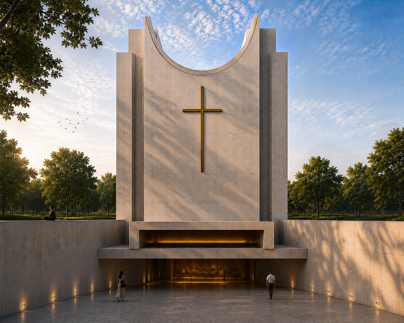 Modern church building with a large cross on its facade, curved architecture at the top, surrounded by trees and sunset lighting.