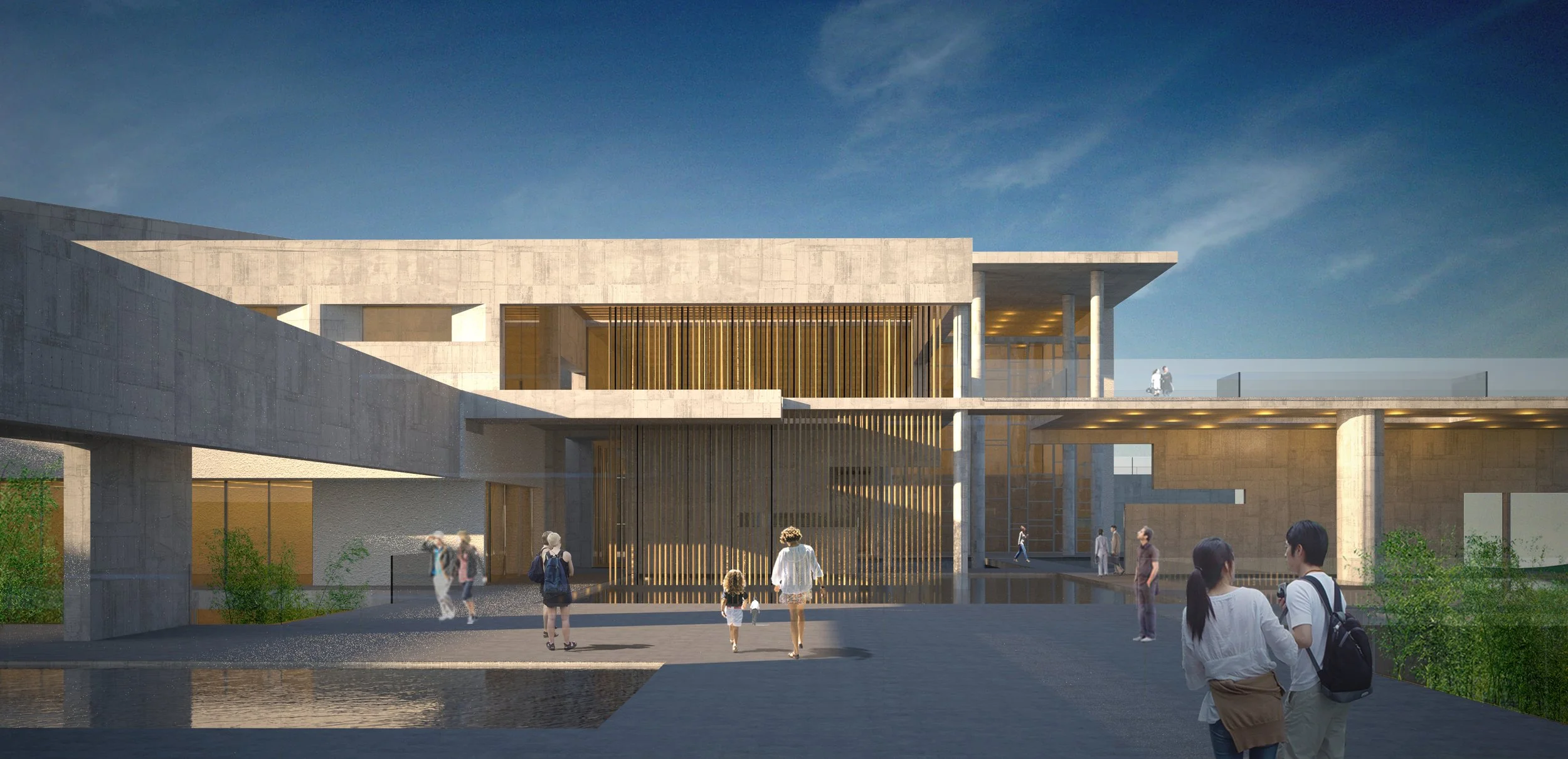 Modern building with large open spaces and wooden accents, people walking outside.