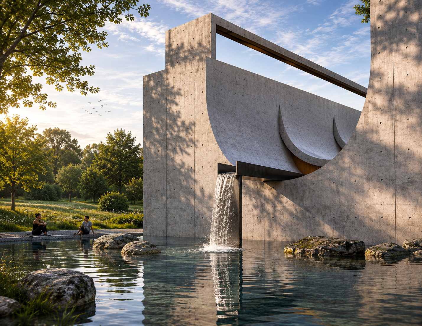 Modern concrete fountain with water flowing from a rectangular spout, two women sitting on rocks near the water, lush green trees and a partly cloudy sky in the background during late afternoon or early evening.