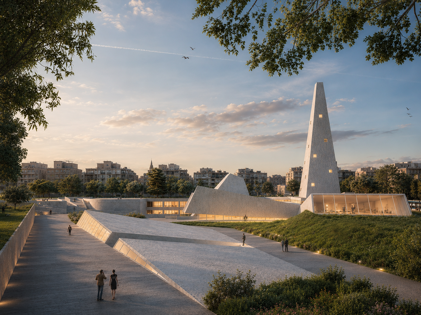 A modern architectural park with a tall, narrow tower with small windows and textured white surface, adjacent to angular structures, surrounded by walkways, greenery, trees, and urban buildings in the background during sunset.