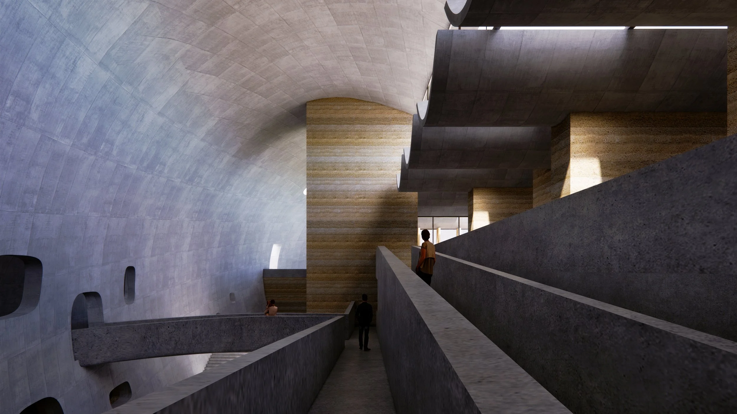 Interior view of a modern building with curved concrete and wooden architectural design, featuring multiple levels, stairs, and a few people walking through the space.