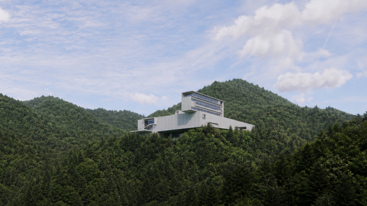 Modern house on a hillside surrounded by dense trees and mountains under a partly cloudy sky.