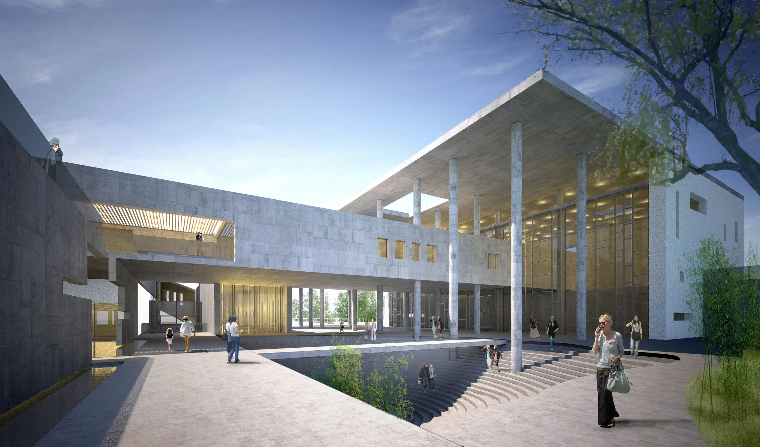 Modern architectural building with large open spaces, tall columns, and multiple levels, with people walking and standing outside.