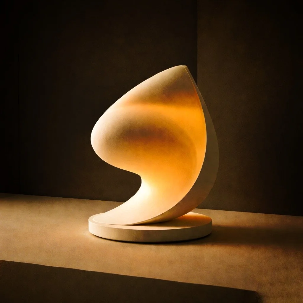 Modern sculpture with a spiral, shell-like shape illuminated by warm lighting, placed on a circular base, set against a dark background.