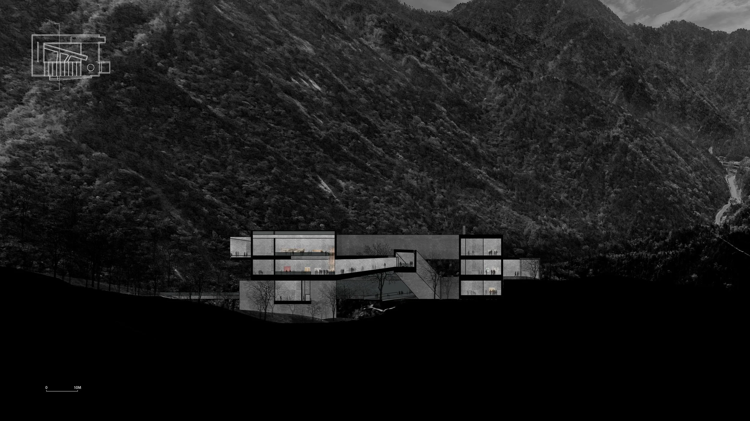 Architectural section drawing of a modern multi-story building set against a mountainous landscape at night. The building features large glass windows and interior spaces with people, and there is a smaller building or structure at the upper left corner of the image.