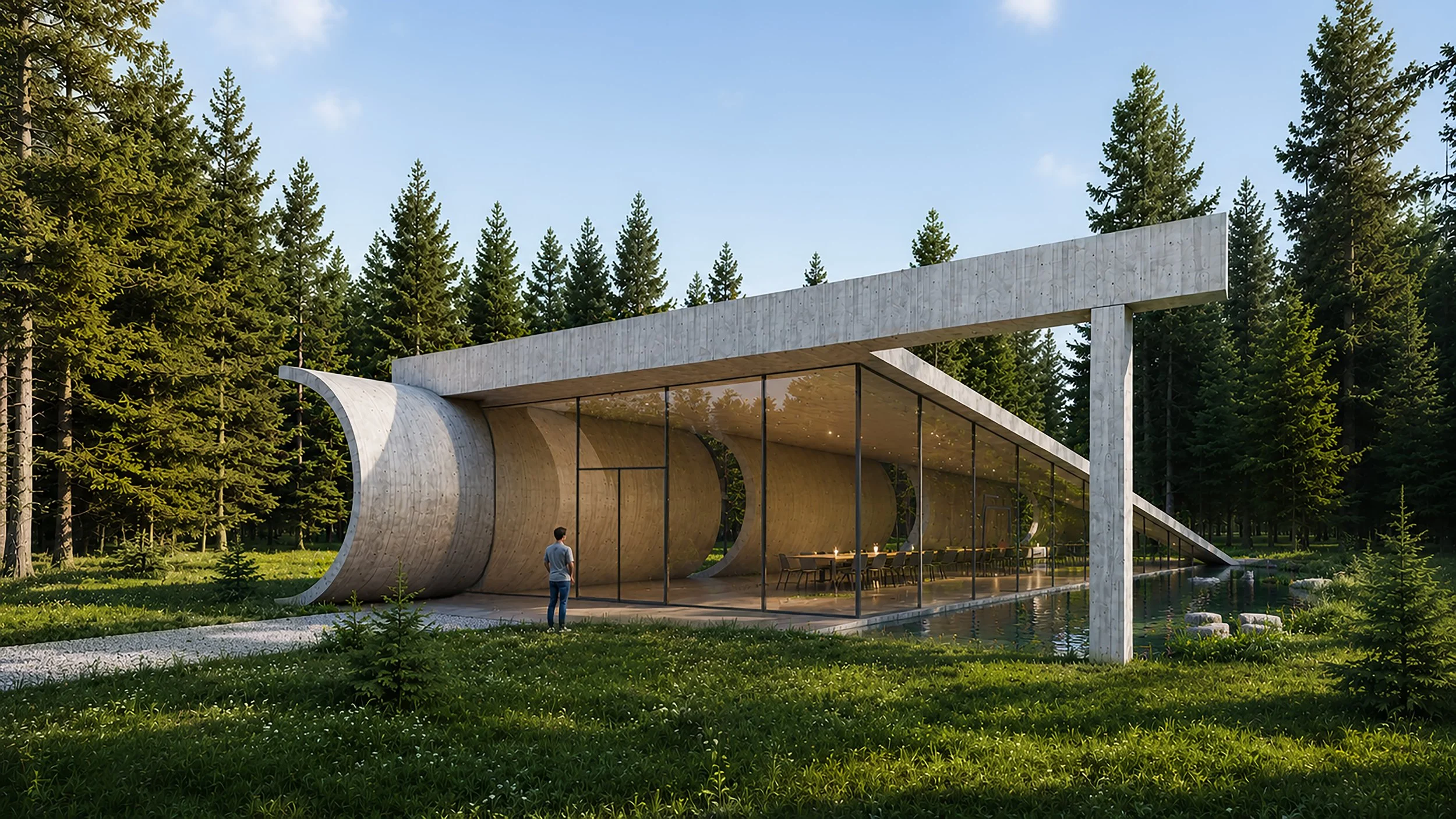 Modern house with a curved wooden structure and glass walls, surrounded by a forested area and a pond, with a person standing nearby.