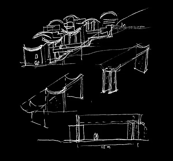 Line drawing of a multi-level architecture or house, possibly a sketch or blueprint, with various structures and measurements.