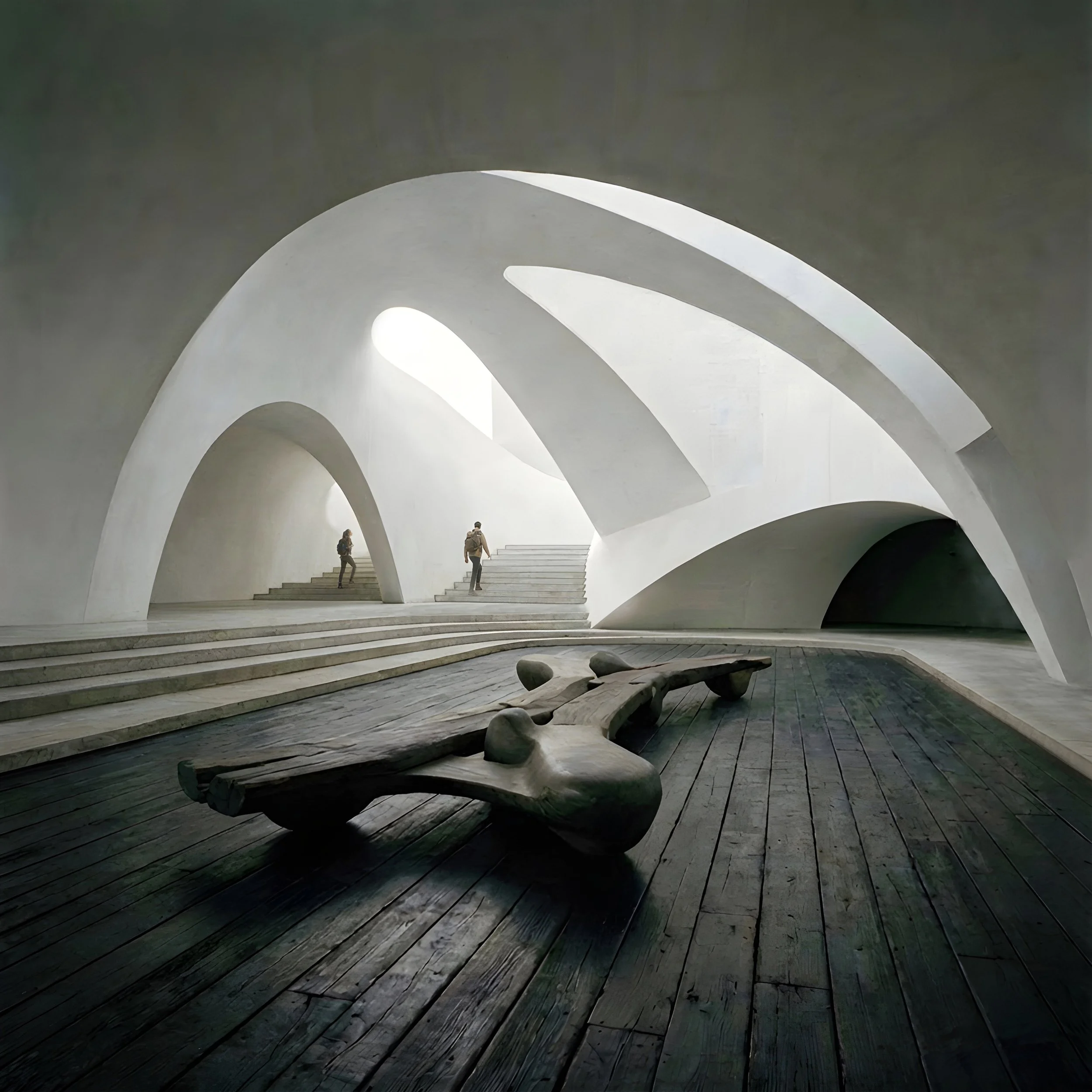 Modern architectural interior with curved white arches, staircase, wooden flooring, and benches, with two people standing and walking.