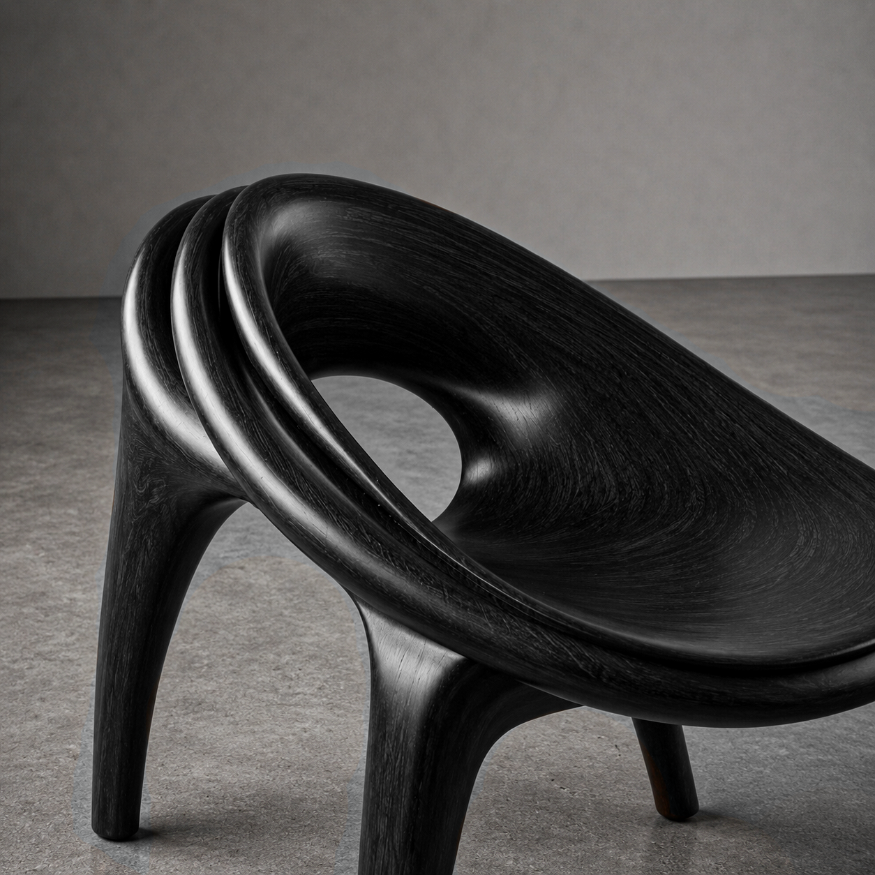 A modern black sculpture with flowing, curving lines, set on a concrete floor against a plain wall.