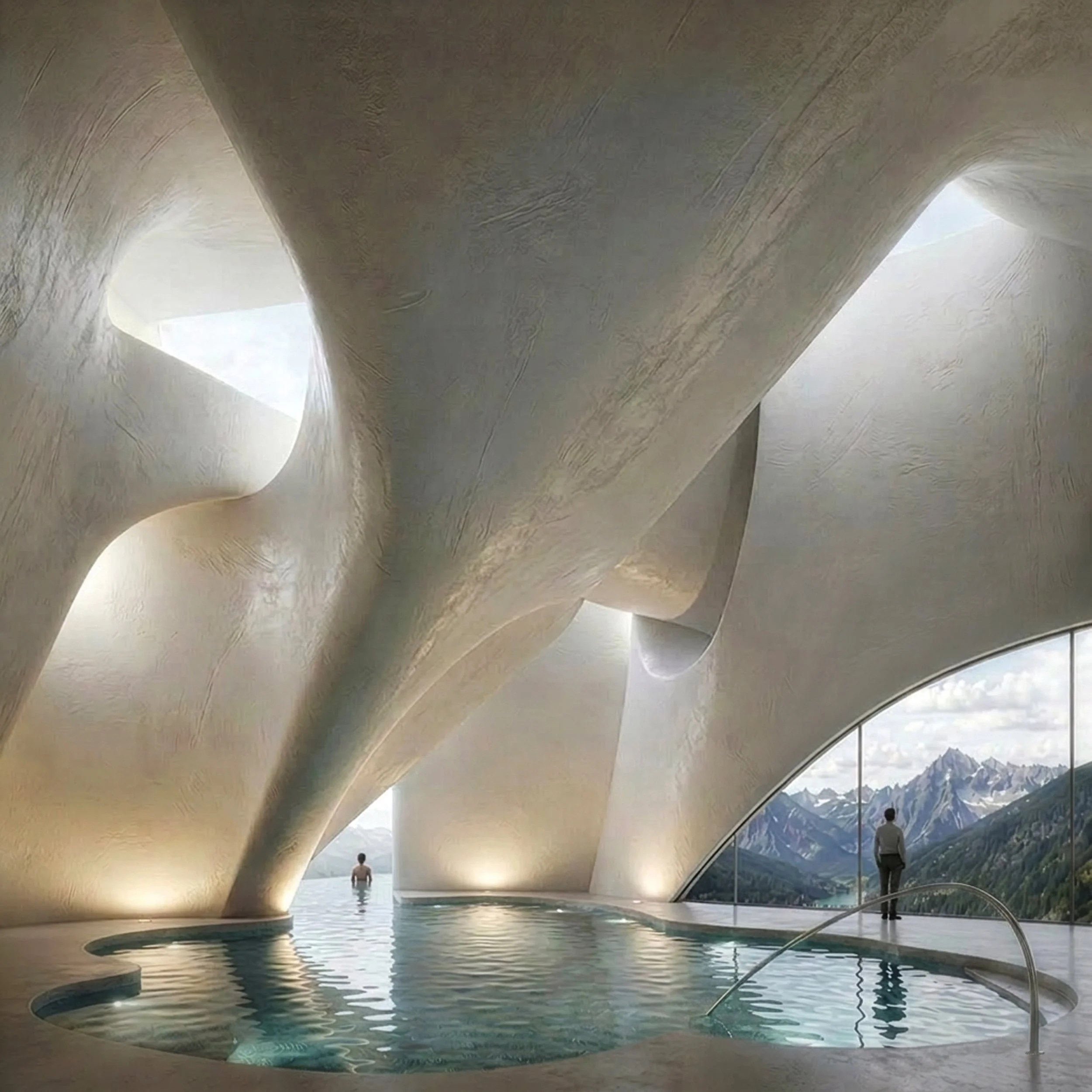 Interior view of an indoor pool area with modern architecture, featuring curved beige ceilings and large windows revealing mountain scenery, with people relaxing in the pool and standing by the poolside.