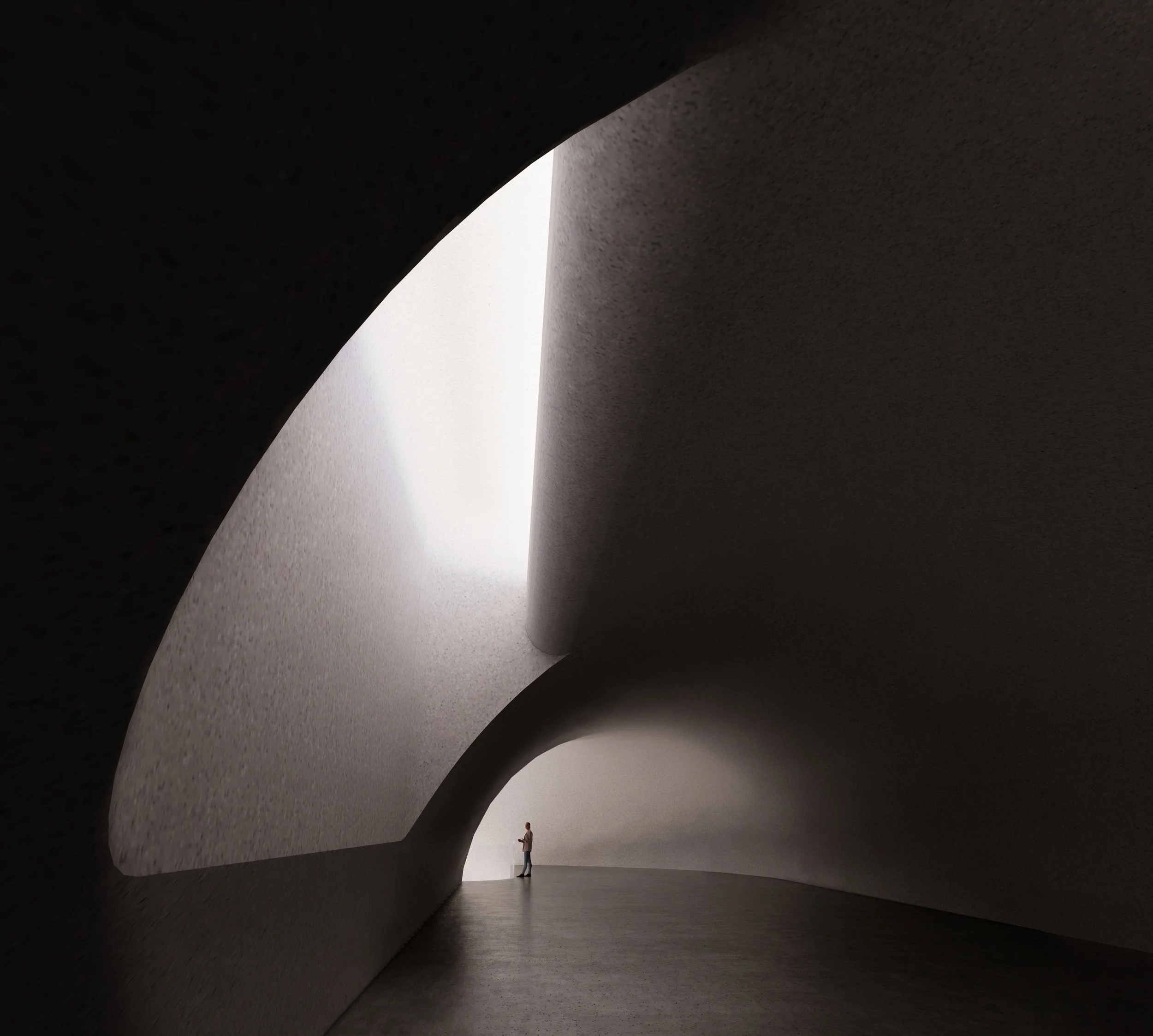A person standing inside a cavernous, abstract structure with smooth, curved walls. The person appears tiny against the large, dark interior, looking toward the light at the exit.