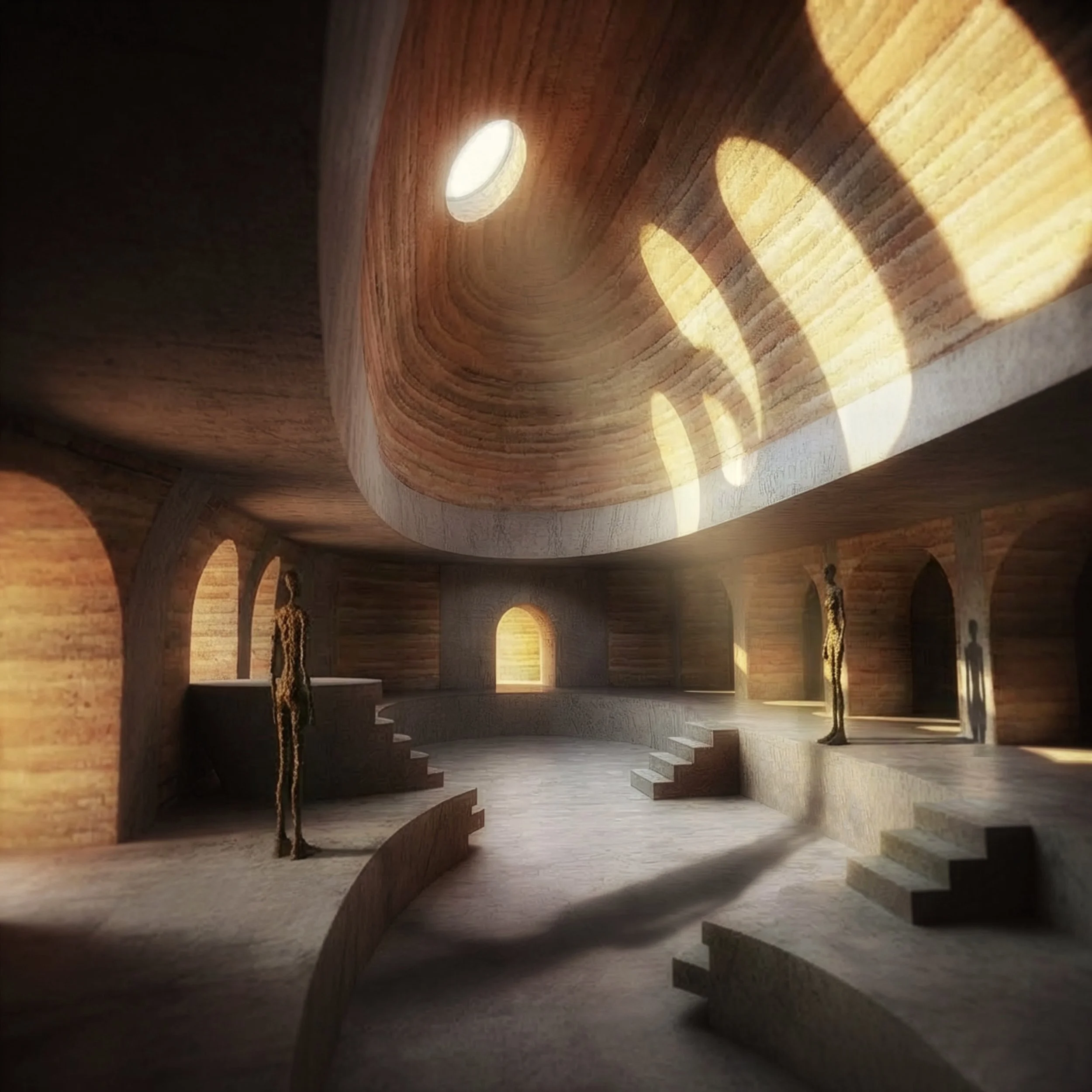 Interior of a wooden structure with curved ceilings, a large circular window, and stairs leading to another level, illuminated by natural light.