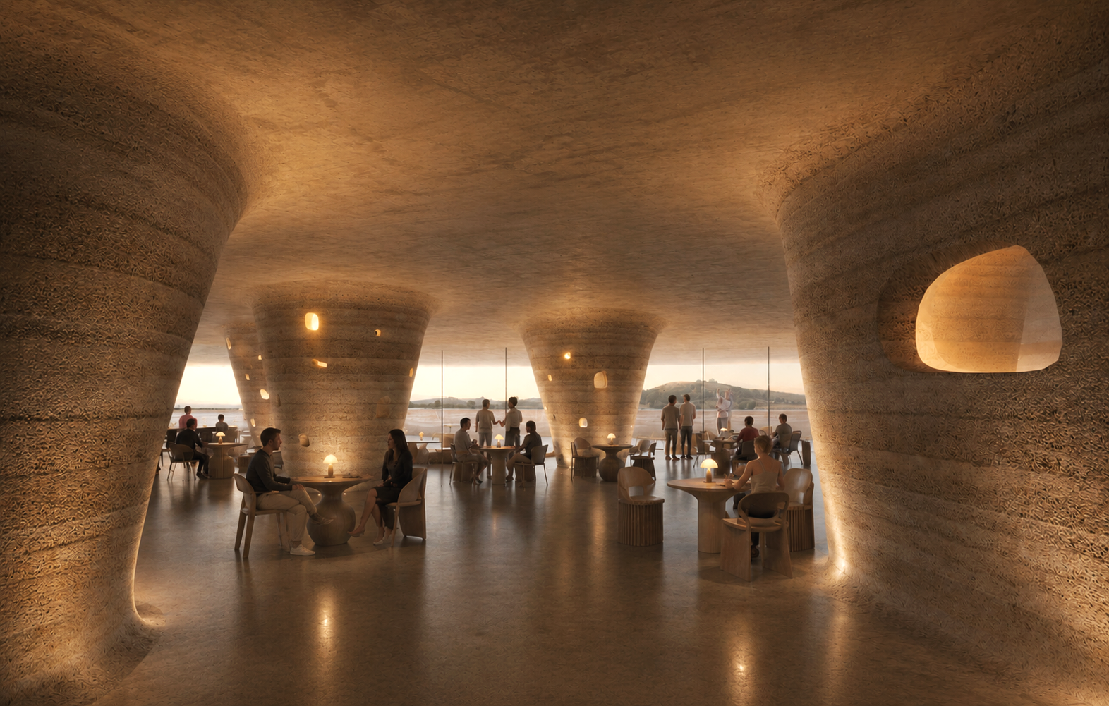 Interior of a modern restaurant with large concrete, tunnel-like columns, some with cutouts. Guests sit at tables with small lamps, and some are standing near panoramic windows overlooking a body of water at sunset.