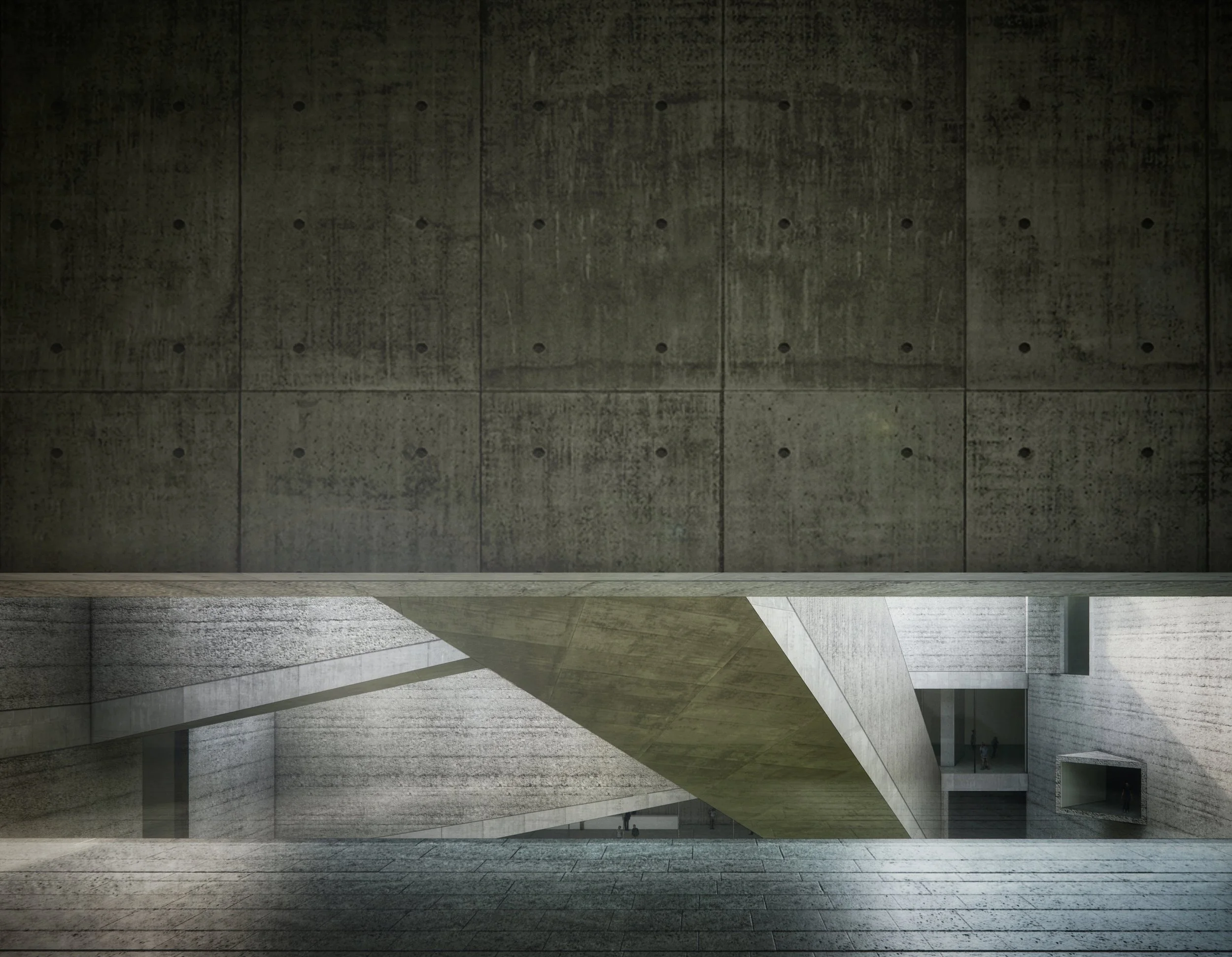 A modern, minimalist concrete interior with angular and geometric architectural design elements.