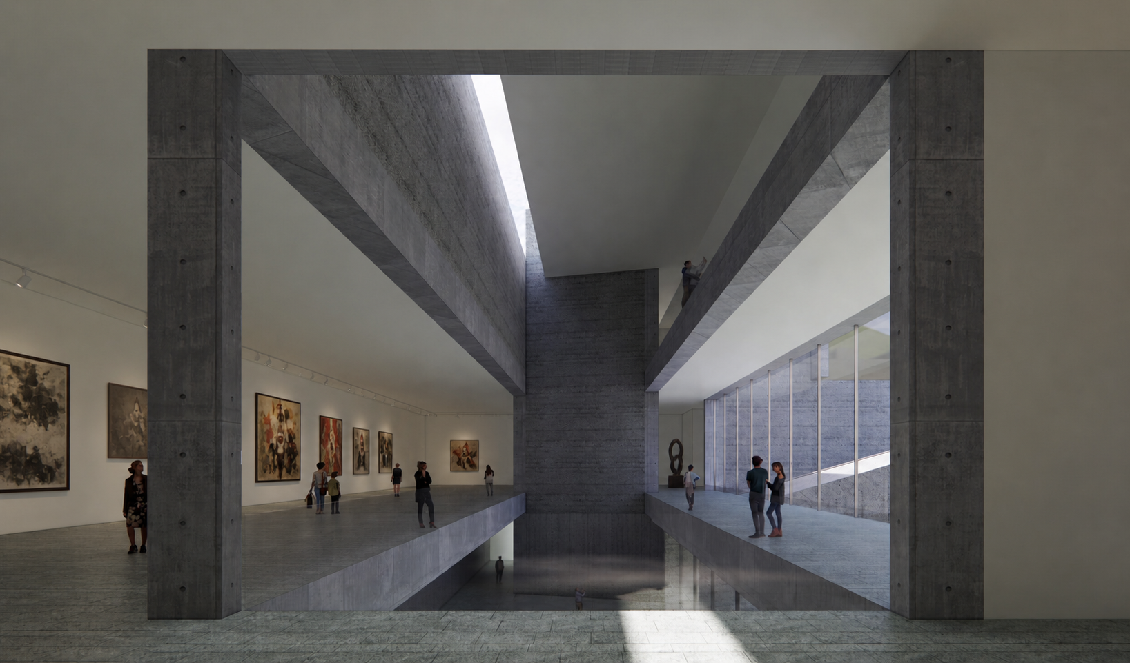 Interior view of a modern art museum with visitors observing artworks on white walls, concrete structural elements, and large floor-to-ceiling windows allowing natural light.