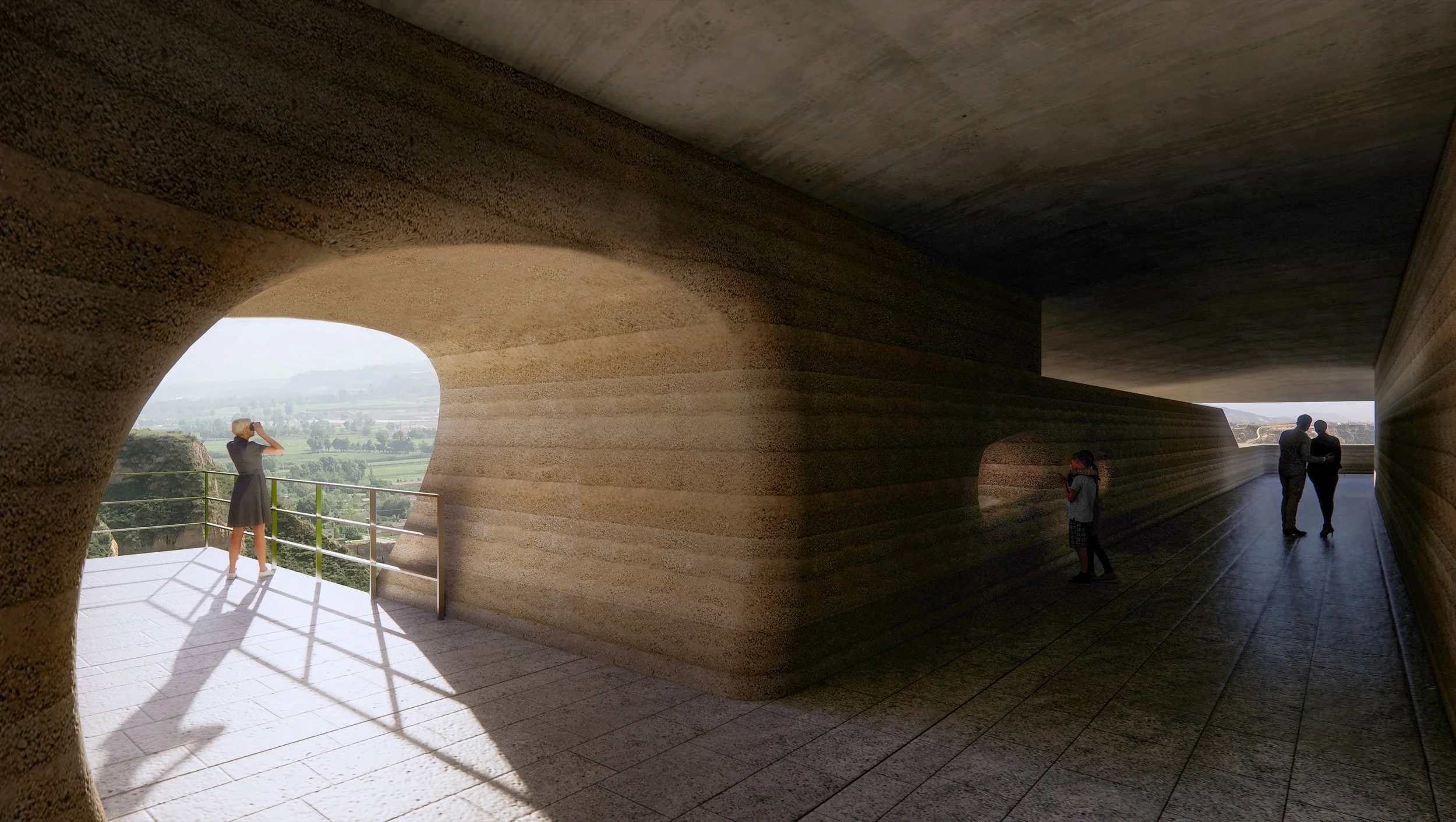 Architectural interior with curved concrete walls, people walking, and a woman taking a photo through an opening with views of a landscape.