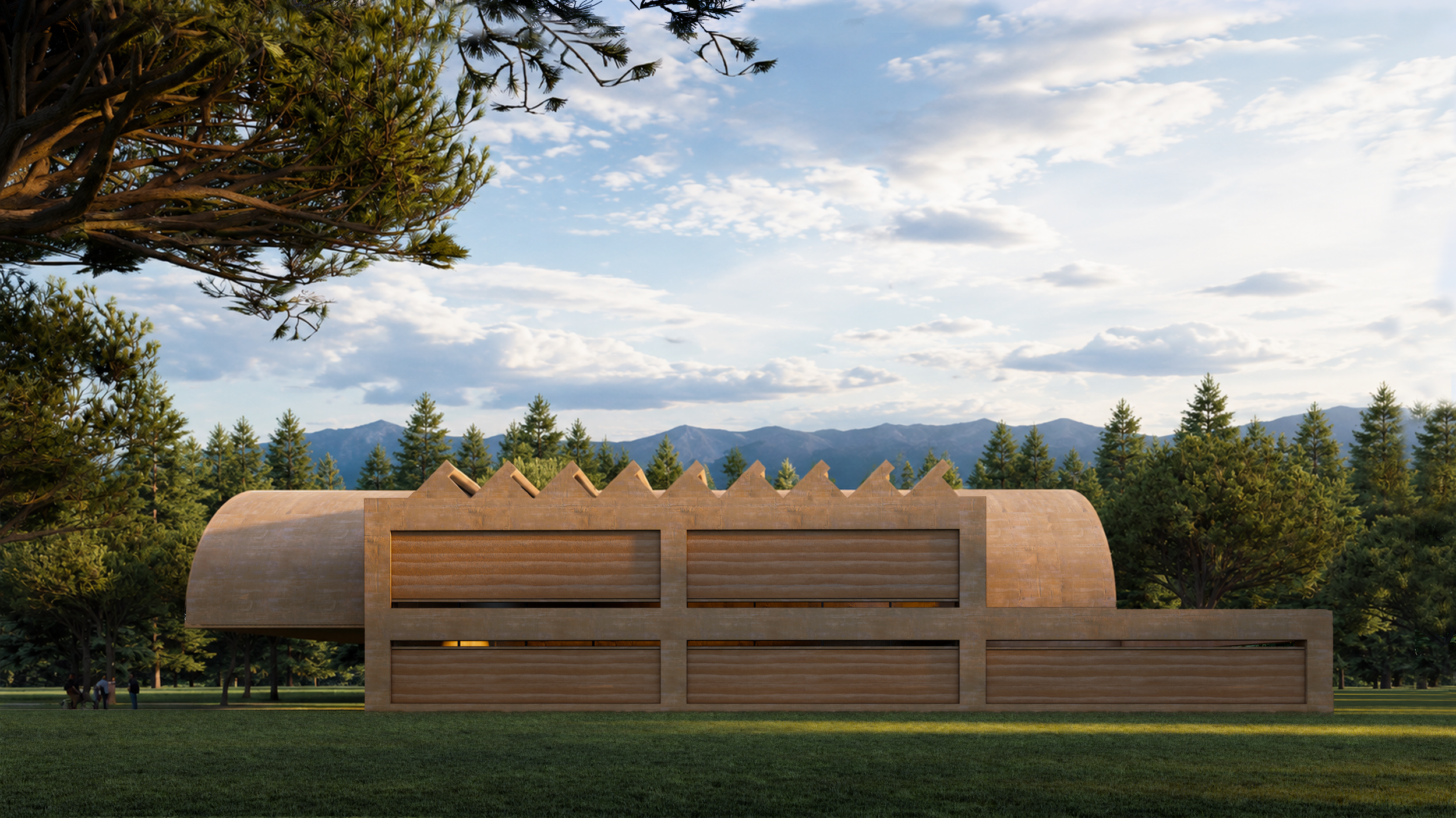 A modern building with a curved roof and horizontal wooden slats in front of a dense forest of pine trees. In the background, there are mountains and a partly cloudy sky.