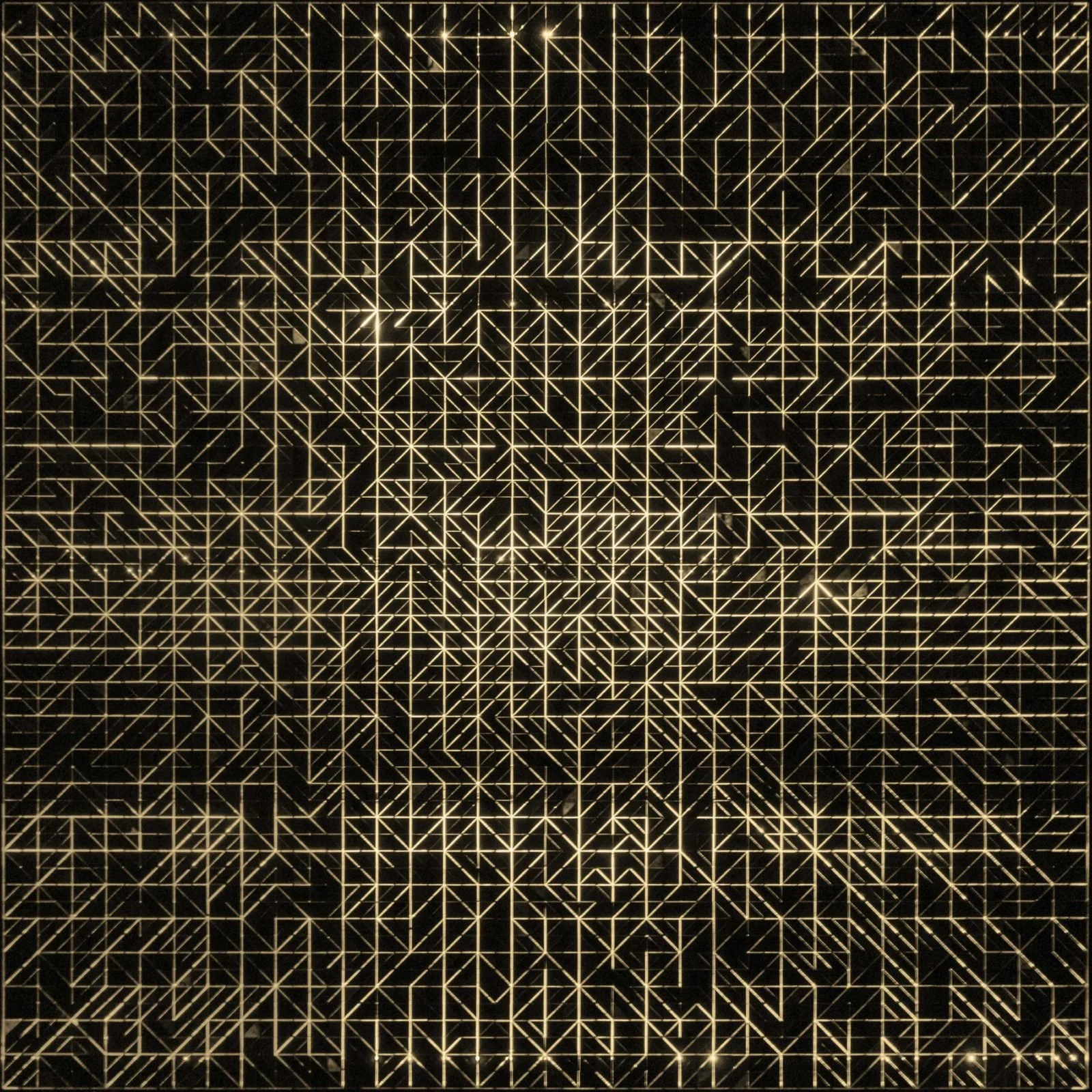 A geometric pattern with illuminated lines forming interconnected triangles and squares on a dark background.