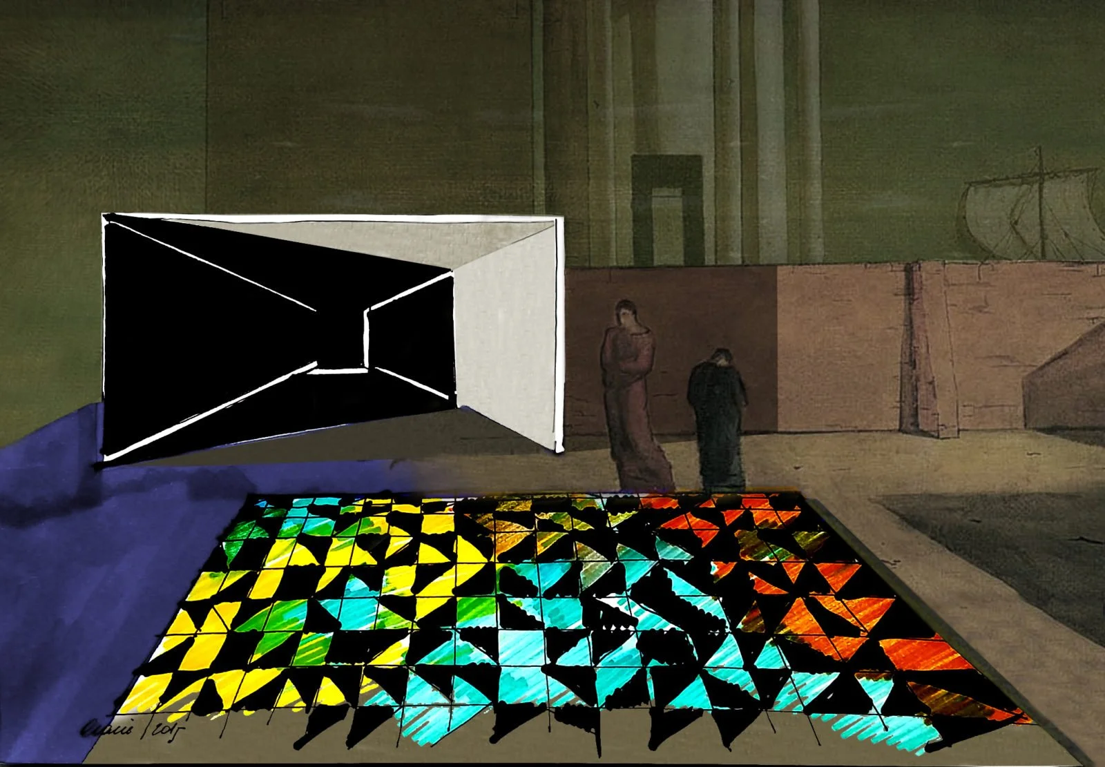 Art installation featuring a colorful, illuminated geometric pattern on the ground, with a black and white 3D hallway drawing on the wall, and two people observing the artwork in an outdoor setting.