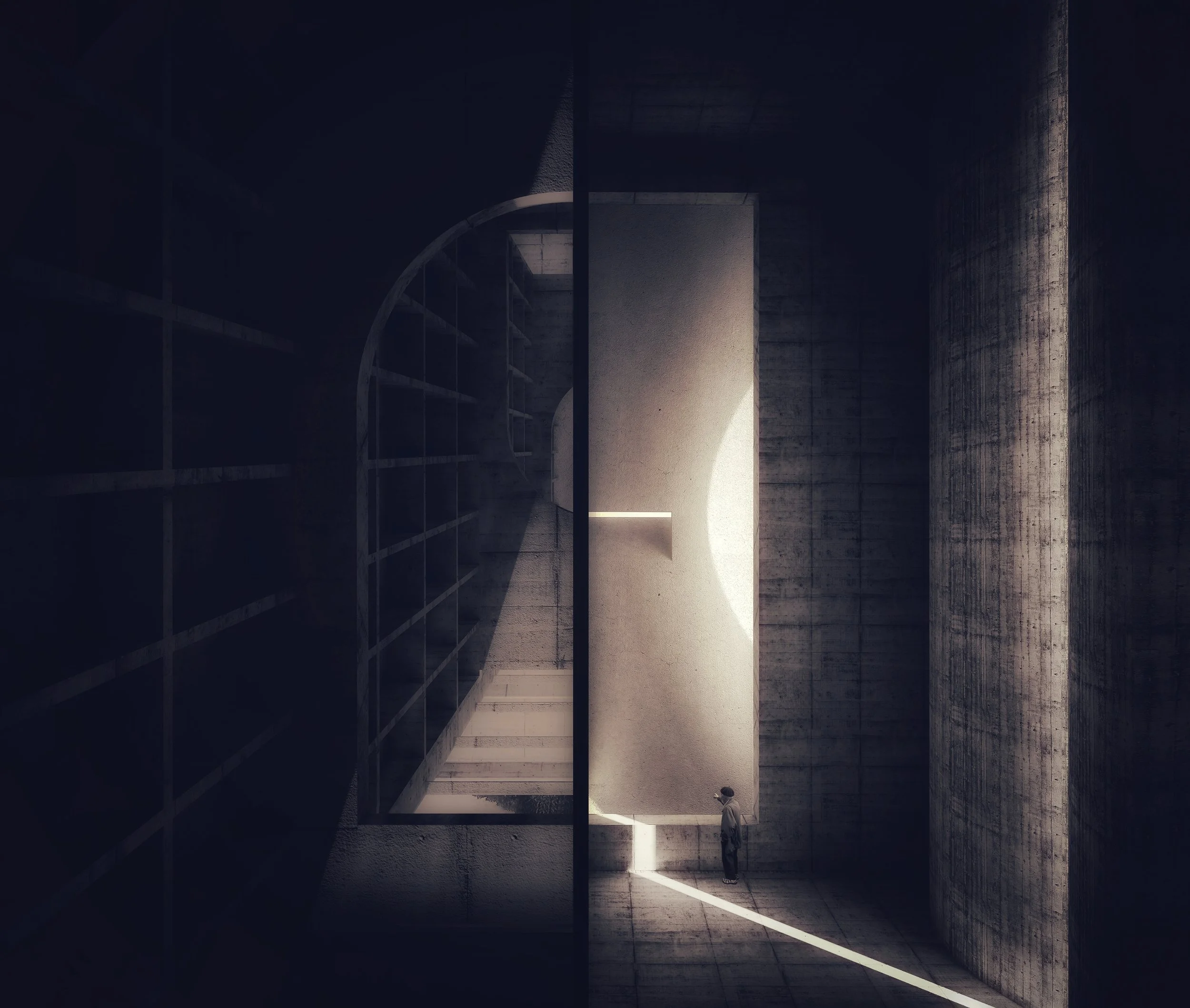 A person walking through a modern, minimalist architectural space with concrete walls and a large opening allowing natural light. The space features multiple levels and geometric shapes.