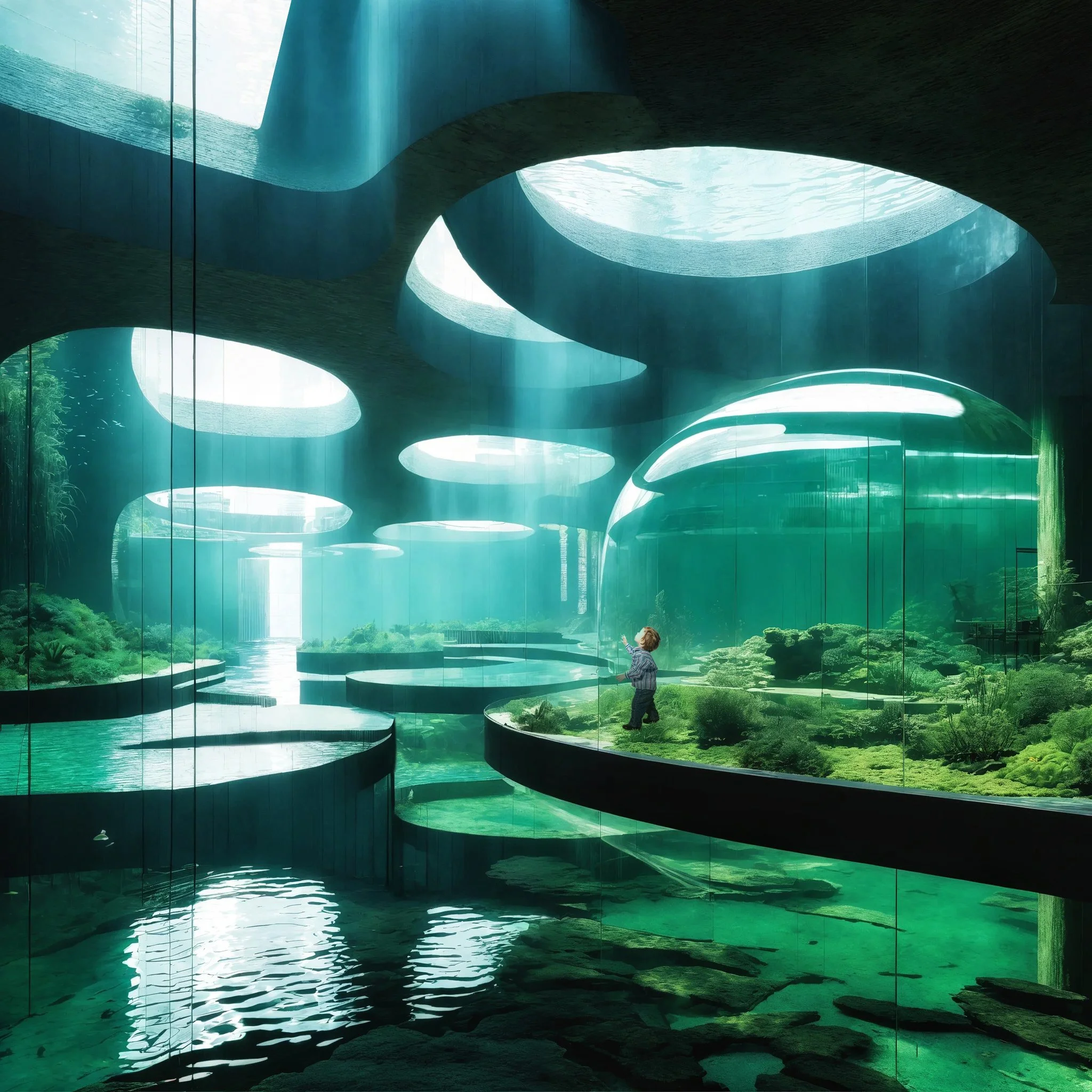 Interior of a modern building with curved architectural design, large glass windows, and indoor water features surrounded by greenery.