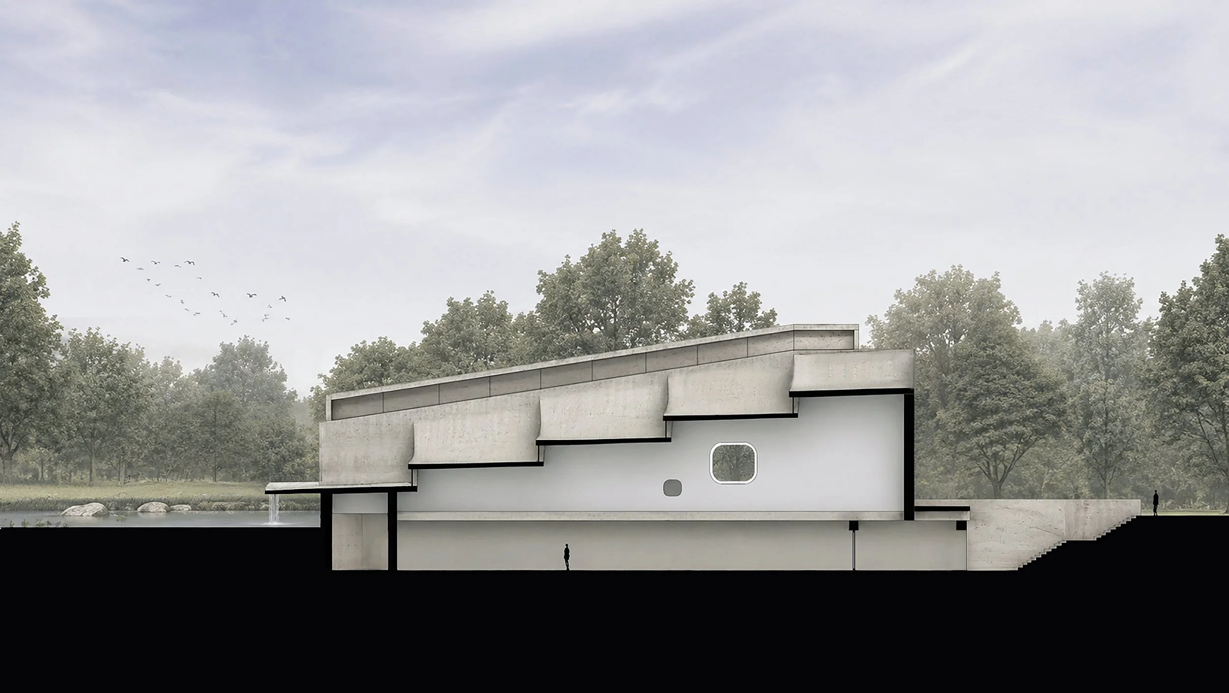 Modern building with geometric design and concrete appearance situated outdoors, with trees and a cloudy sky in the background.