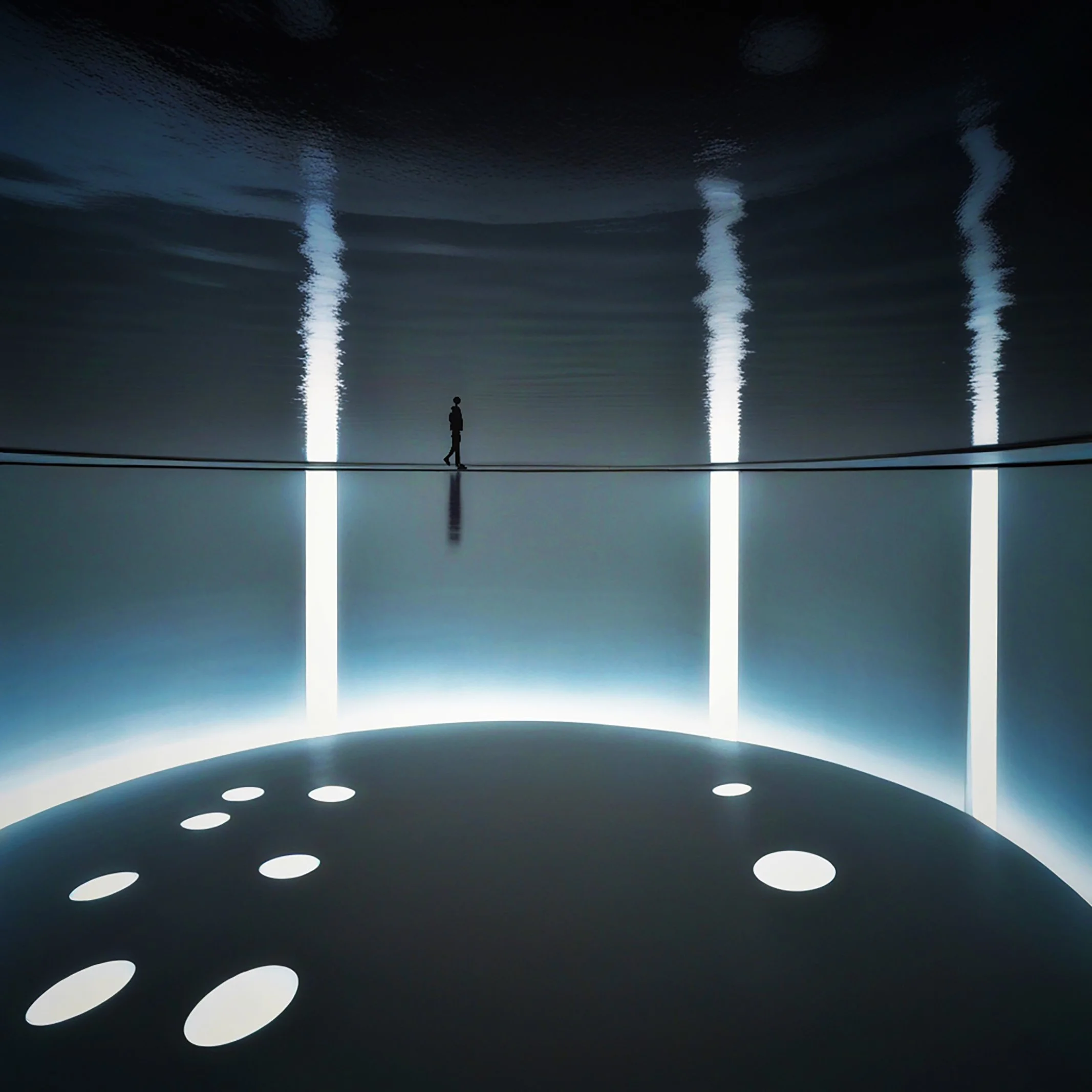 Person walking on a winding illuminated path with circular lights, inside a dark, futuristic room with curved walls and ceiling.