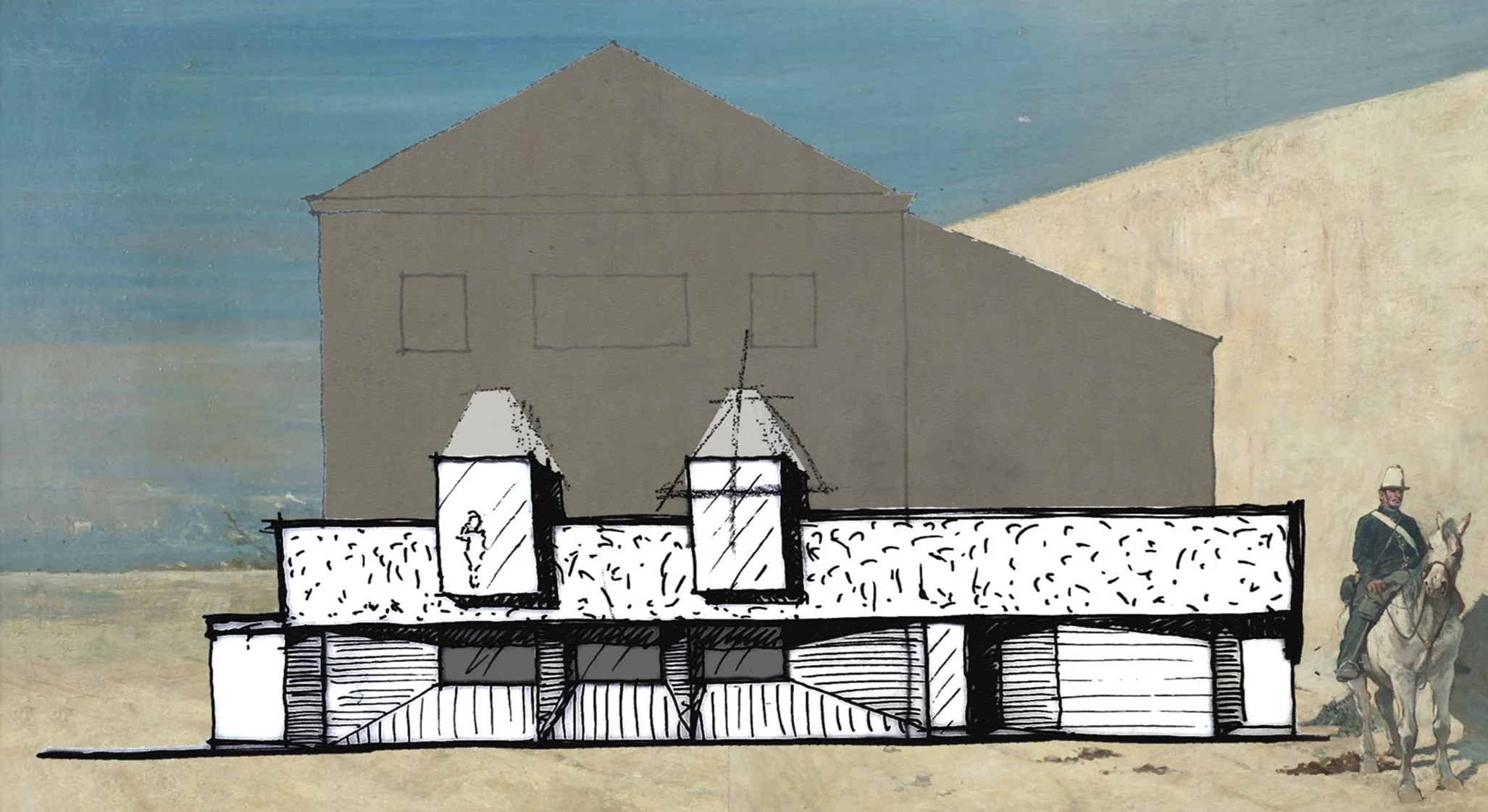 A historical illustration combining a detailed drawing of a building's cross-section and a vintage painting of a man on horseback. The building appears to be a large house or barn, and the cross-section shows an attic with insulation and support beams. The background features a blue sky and a man in old-fashioned attire on a horse.