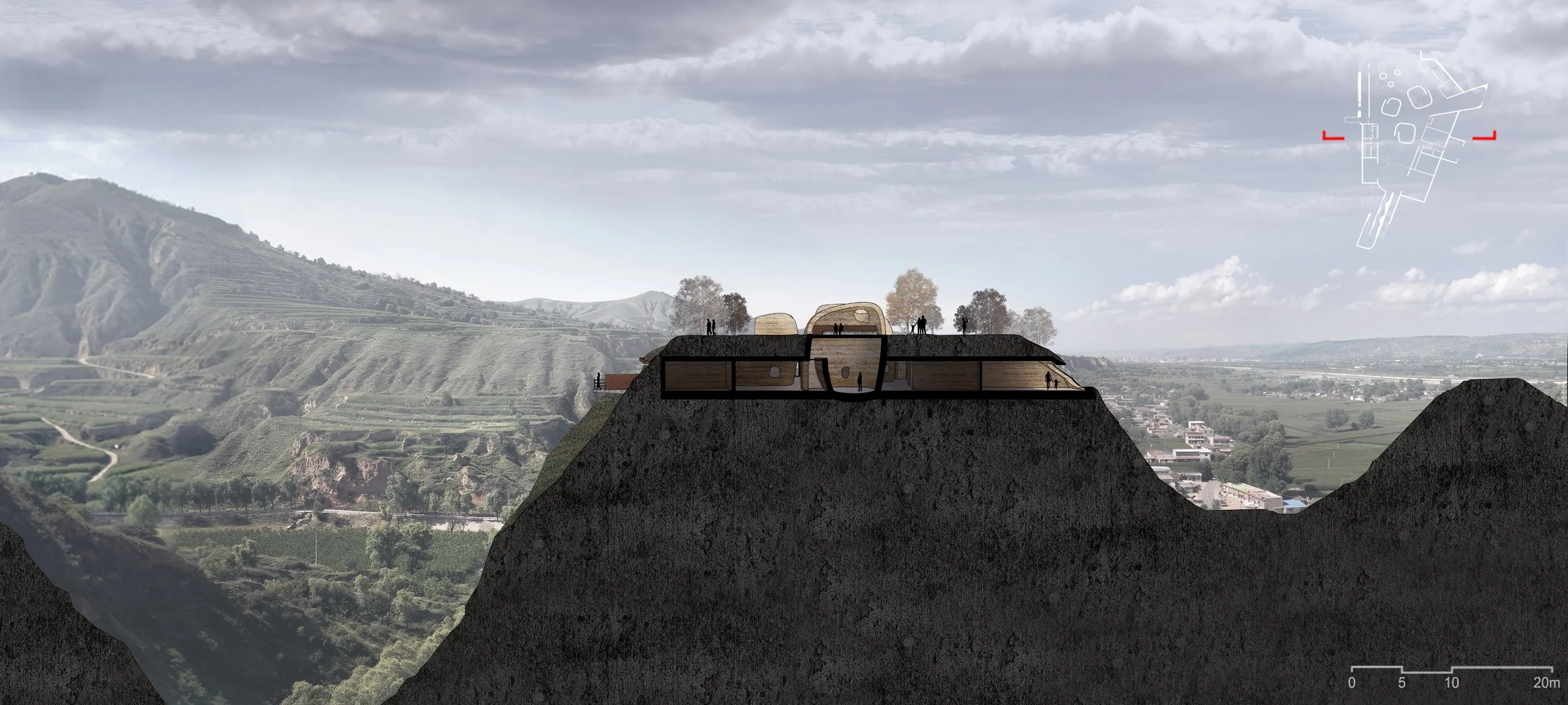 Architectural rendering of a modern house built on a hillside with terraces, in a mountainous landscape under a cloudy sky, with silhouettes of people standing outside and a drone outline in the sky.
