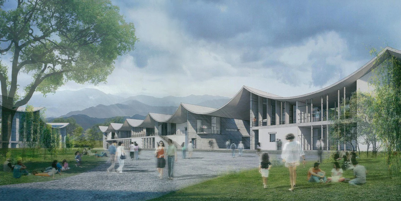 A modern architectural building with a curved roof, surrounded by a park with children and adults walking, sitting, and socializing outdoors.