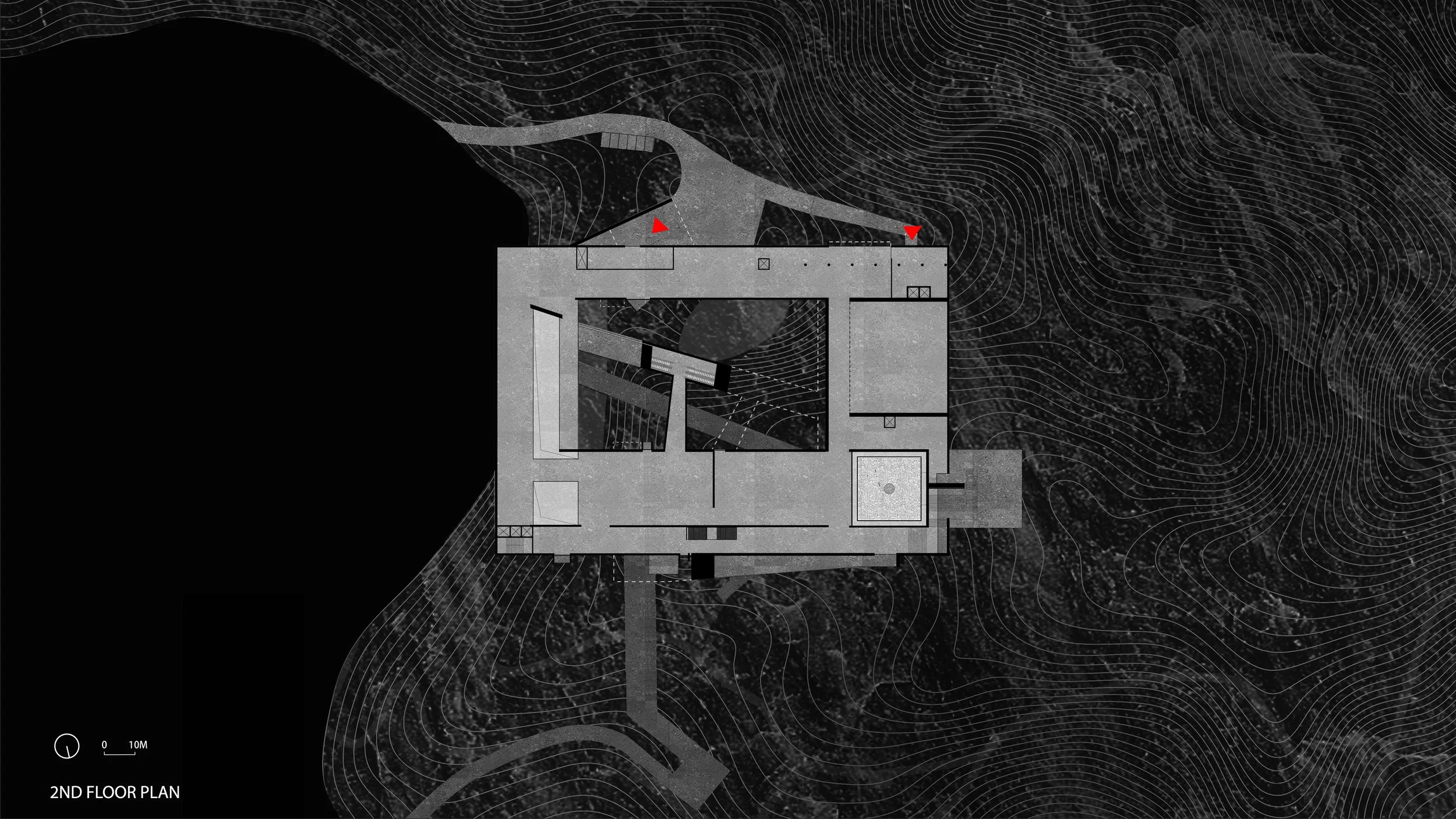 Architectural floor plan drawing of the second floor of a building, with black background, white outline, and topographical contour lines surrounding the structure.