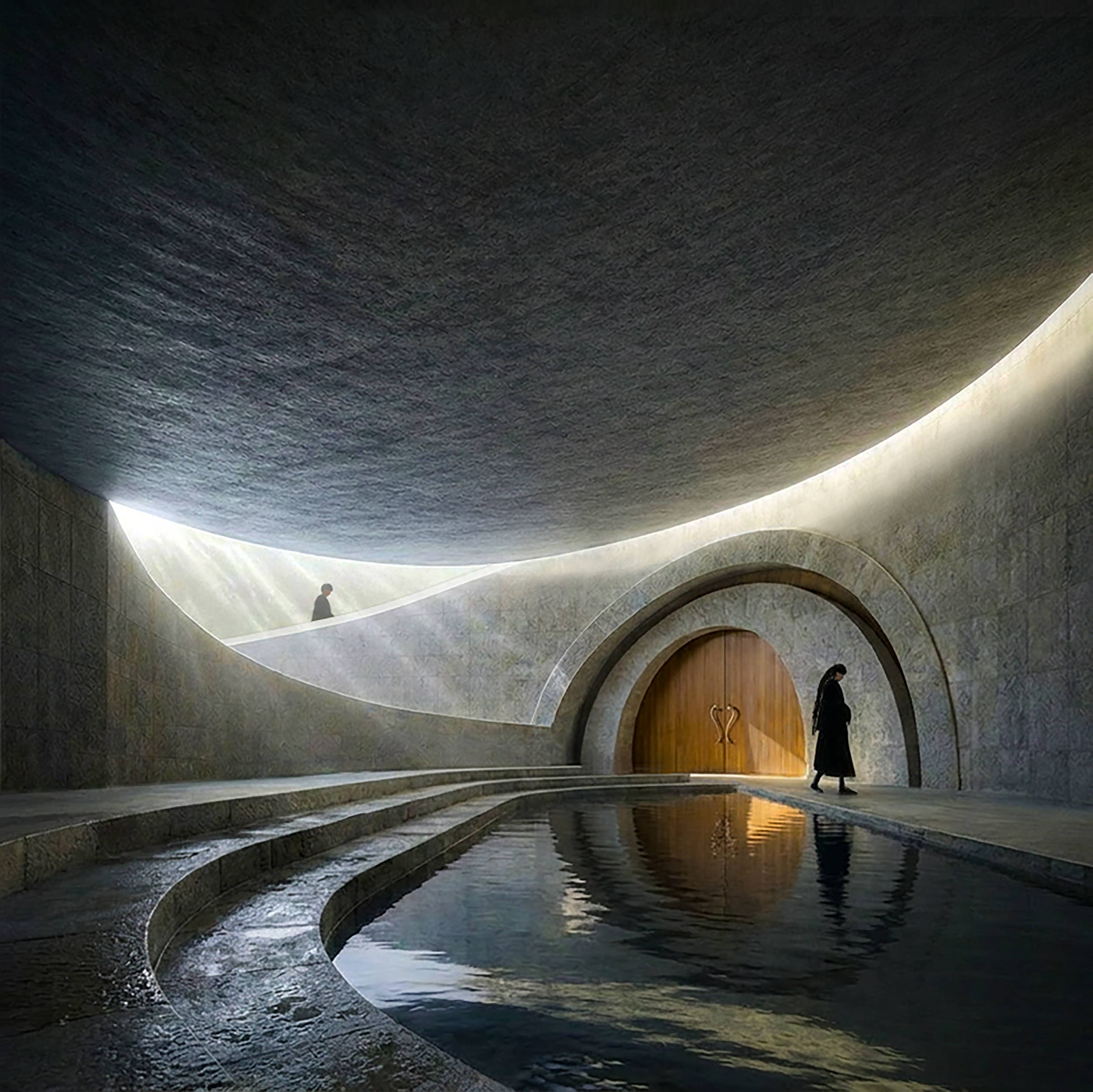Interior of a modern architectural structure with curved walls, marble surfaces, water features, and two silhouetted people walking.
