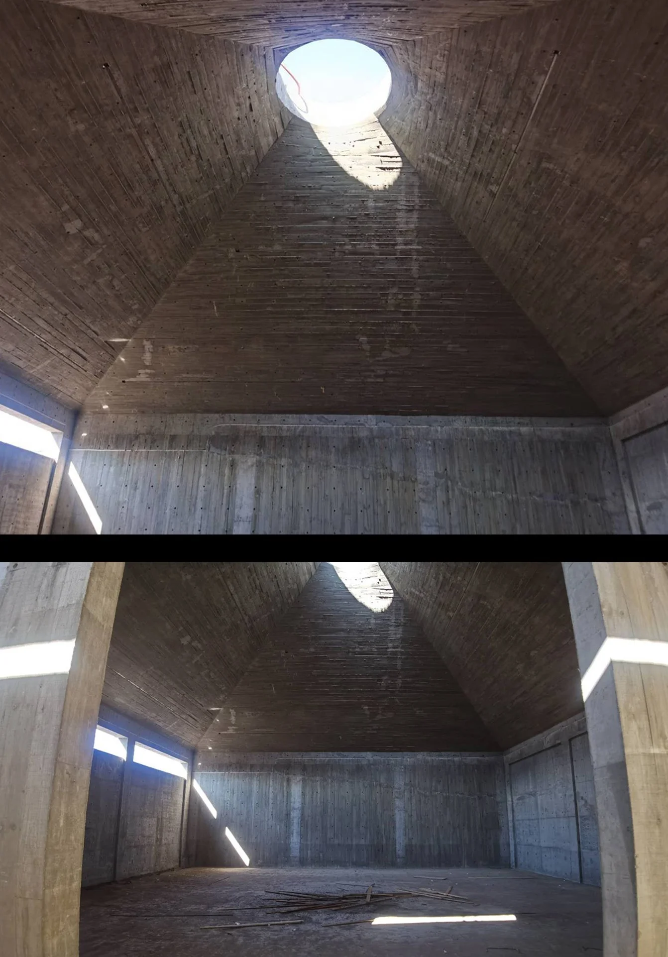 Two interior views of a concrete building with a large circular opening at the top, letting in natural light. The lower photo shows the same space from a different angle, with construction materials on the ground.